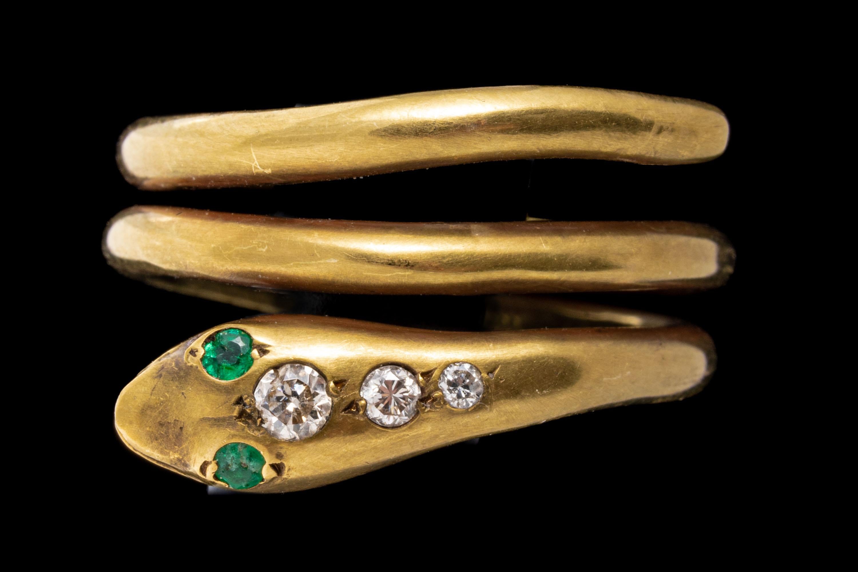 Round Cut 14k Yellow Burnished Gold Emerald and Diamond Double Coil Serpent Ring For Sale