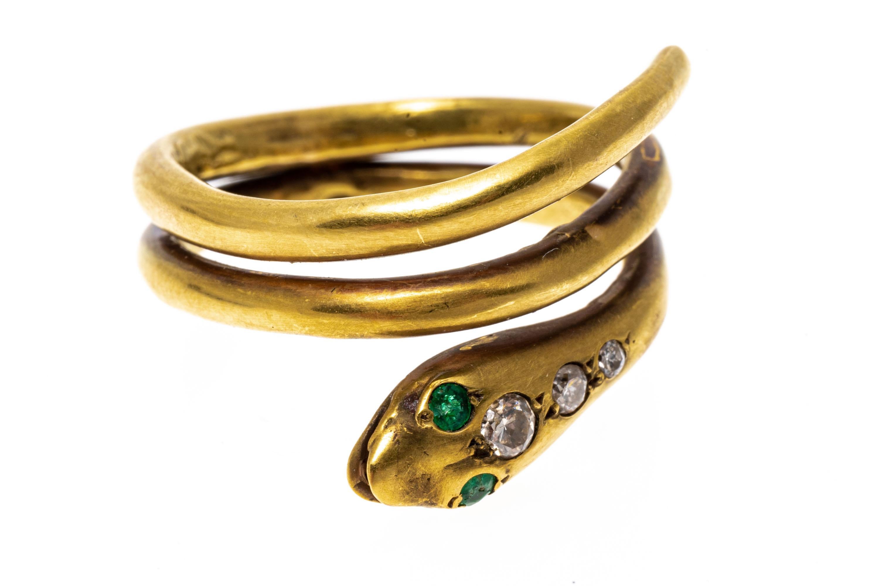 14k Yellow Burnished Gold Emerald and Diamond Double Coil Serpent Ring In Good Condition For Sale In Southport, CT