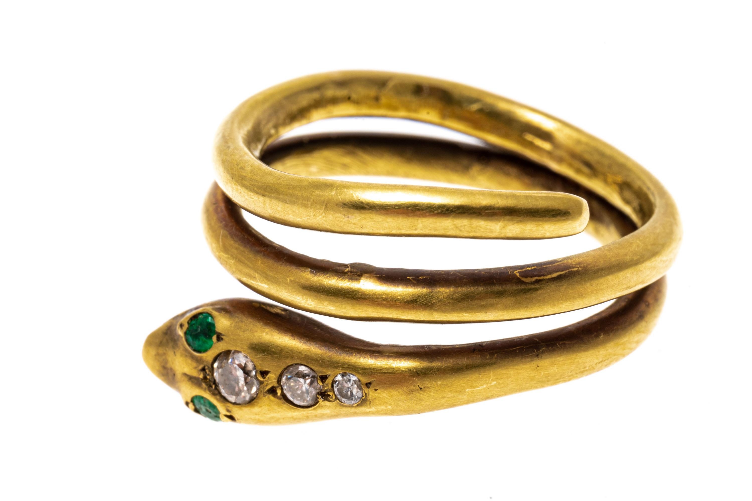 Women's 14k Yellow Burnished Gold Emerald and Diamond Double Coil Serpent Ring For Sale