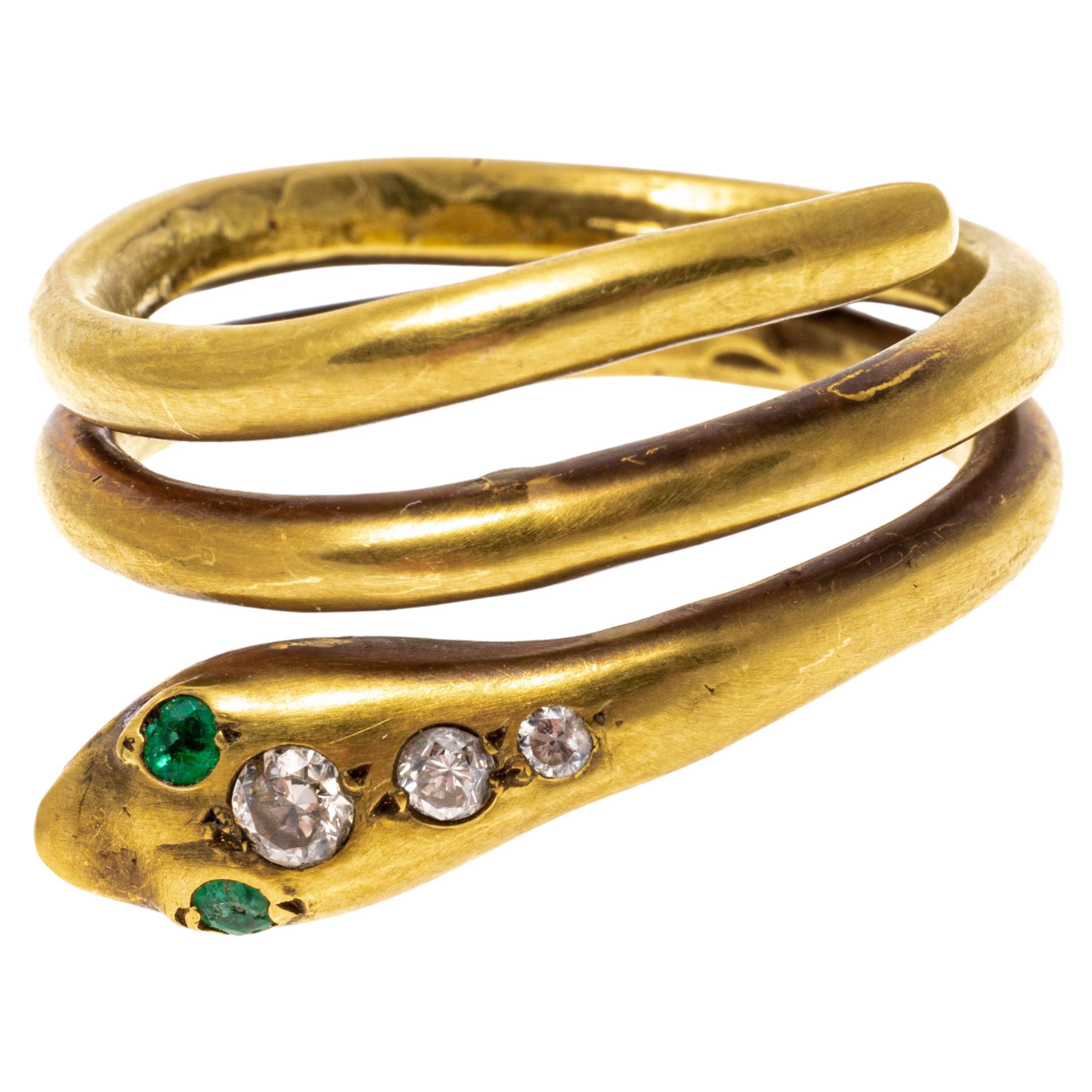 14k Yellow Burnished Gold Emerald and Diamond Double Coil Serpent Ring For Sale