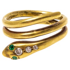 14k Yellow Burnished Gold Emerald and Diamond Double Coil Serpent Ring