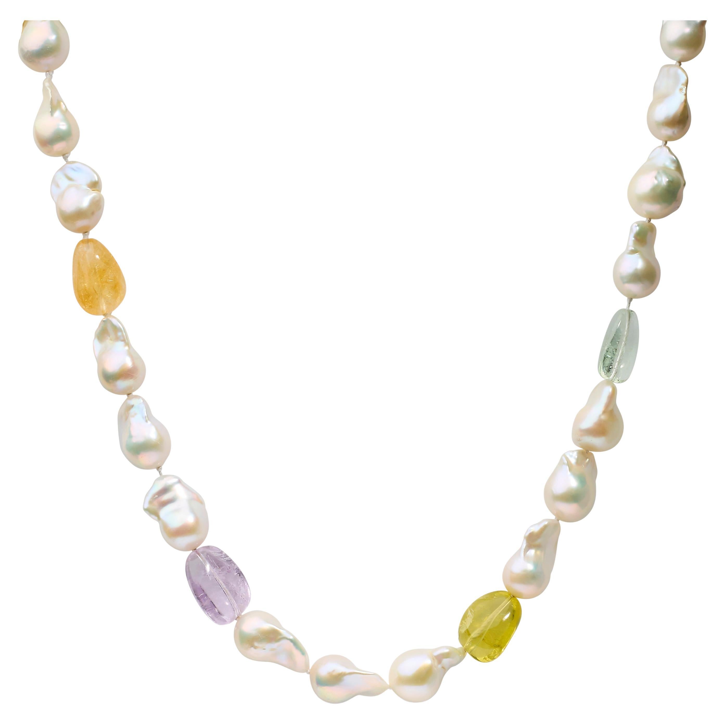 14K Gelber Citrin, Amethyst und Barockperlenstrang-Halskette