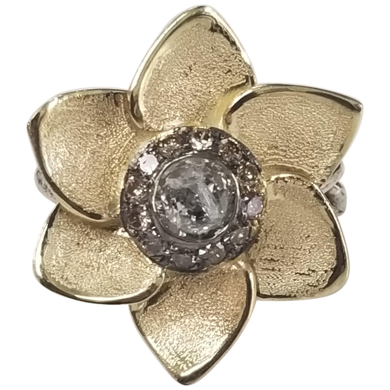 14k Yellow Flower with "Salt N Pepper" .51pts. Diamond For Sale