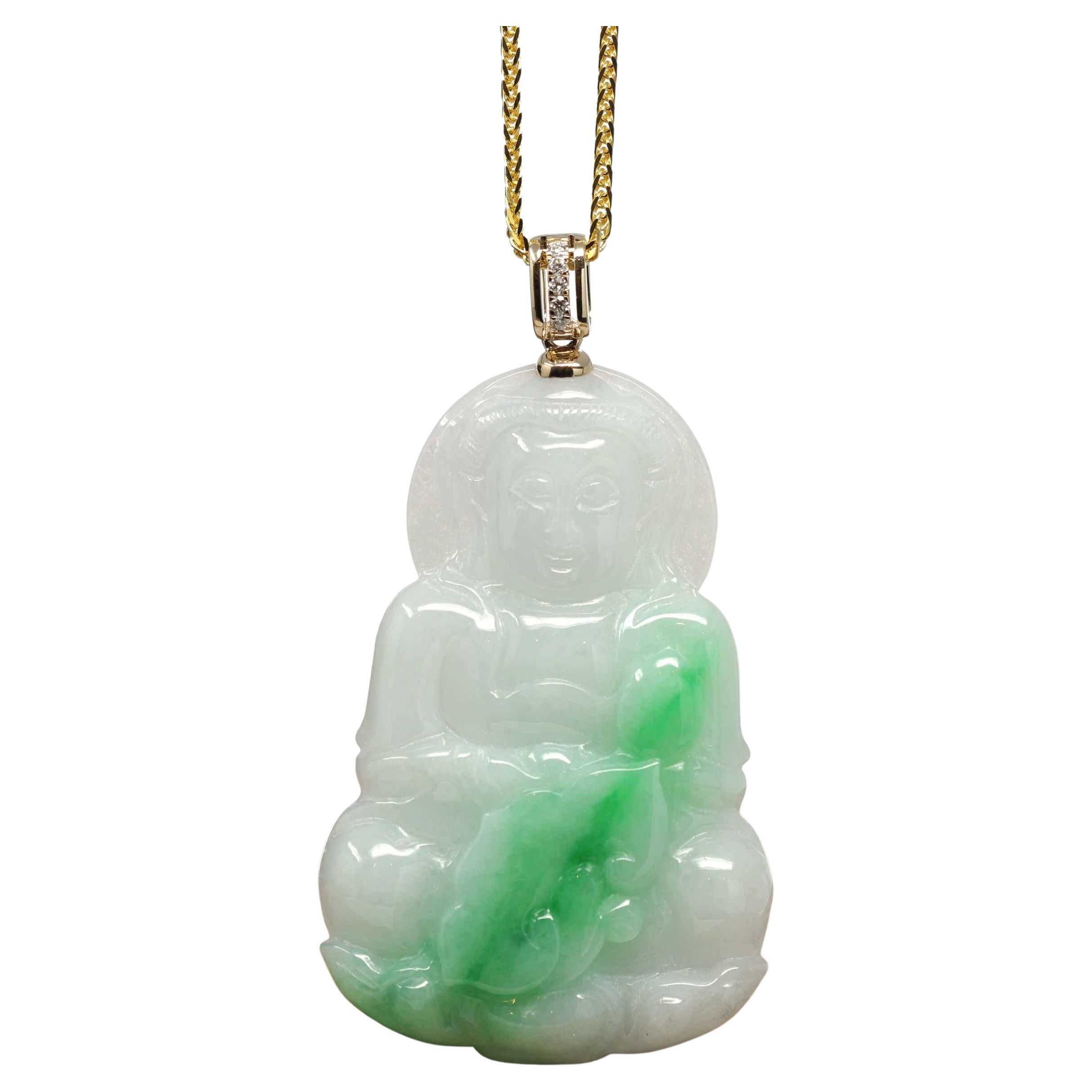 14k Yellow "Goddess of Compassion" Genuine Burmese Jadeite Jade Guanyin Necklace For Sale