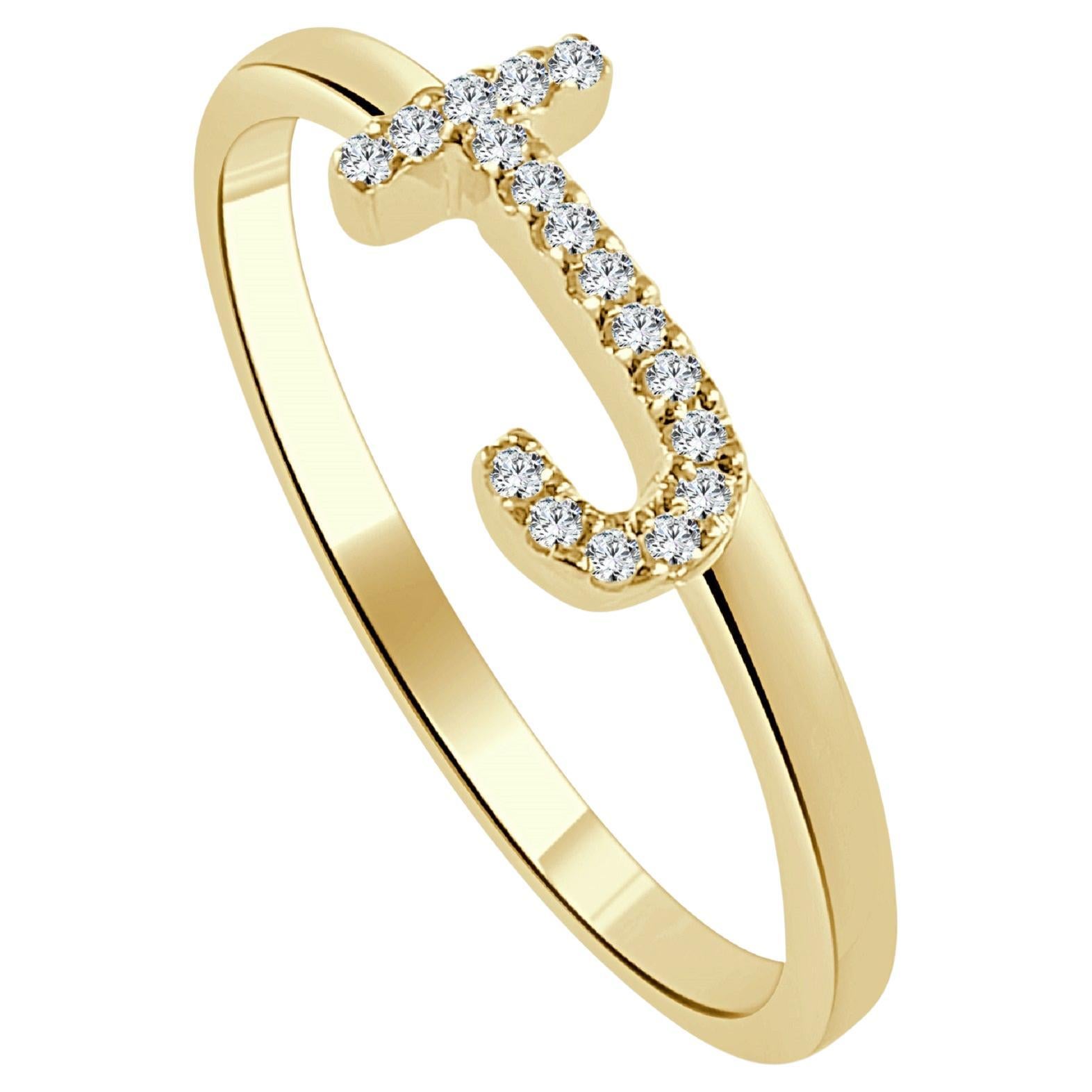 14K Yellow Gold 0.05ct Diamond Initial J Ring for Her For Sale