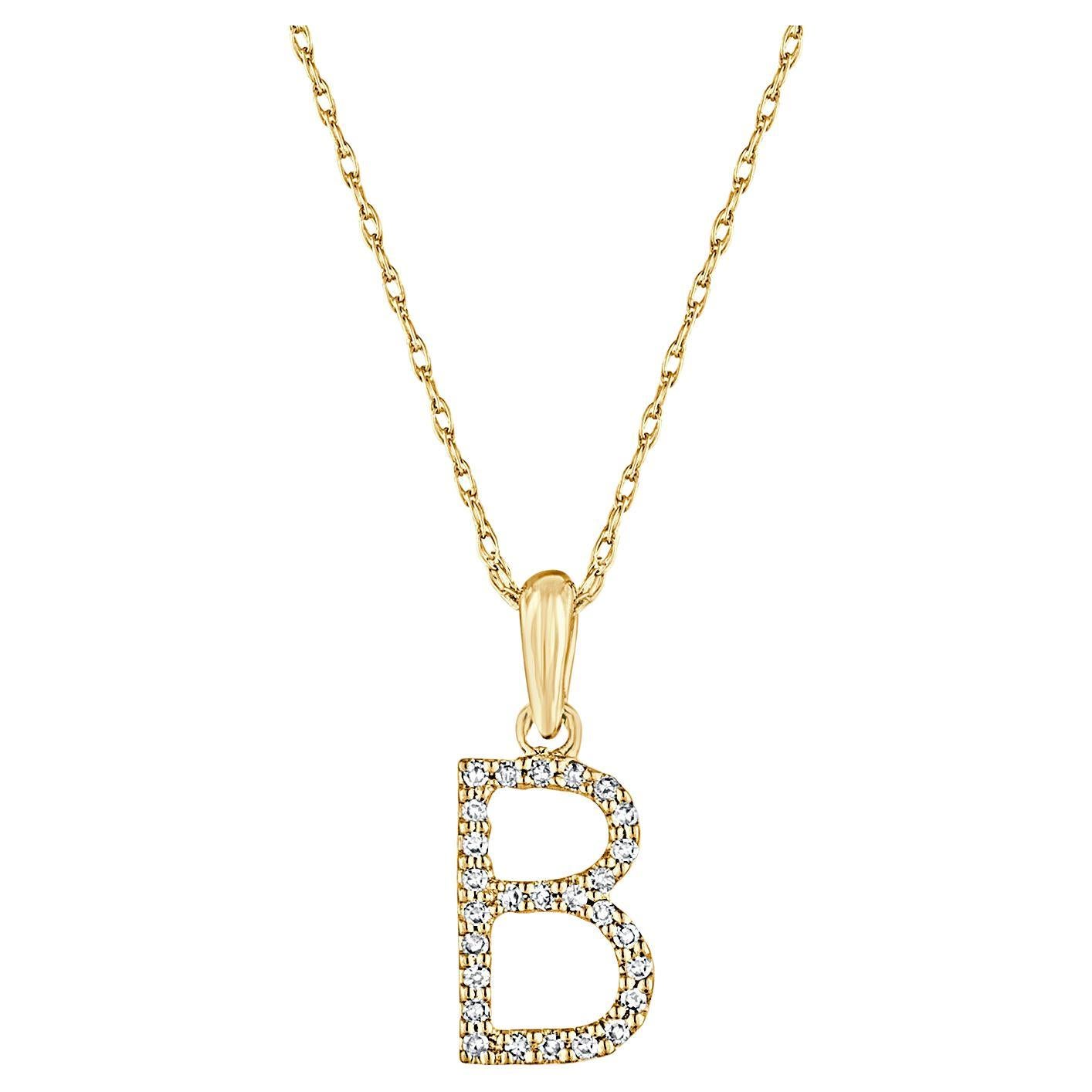 14k Yellow Gold 0.06 Carat Diamond Initial Pendant Necklace, Initial B For Sale