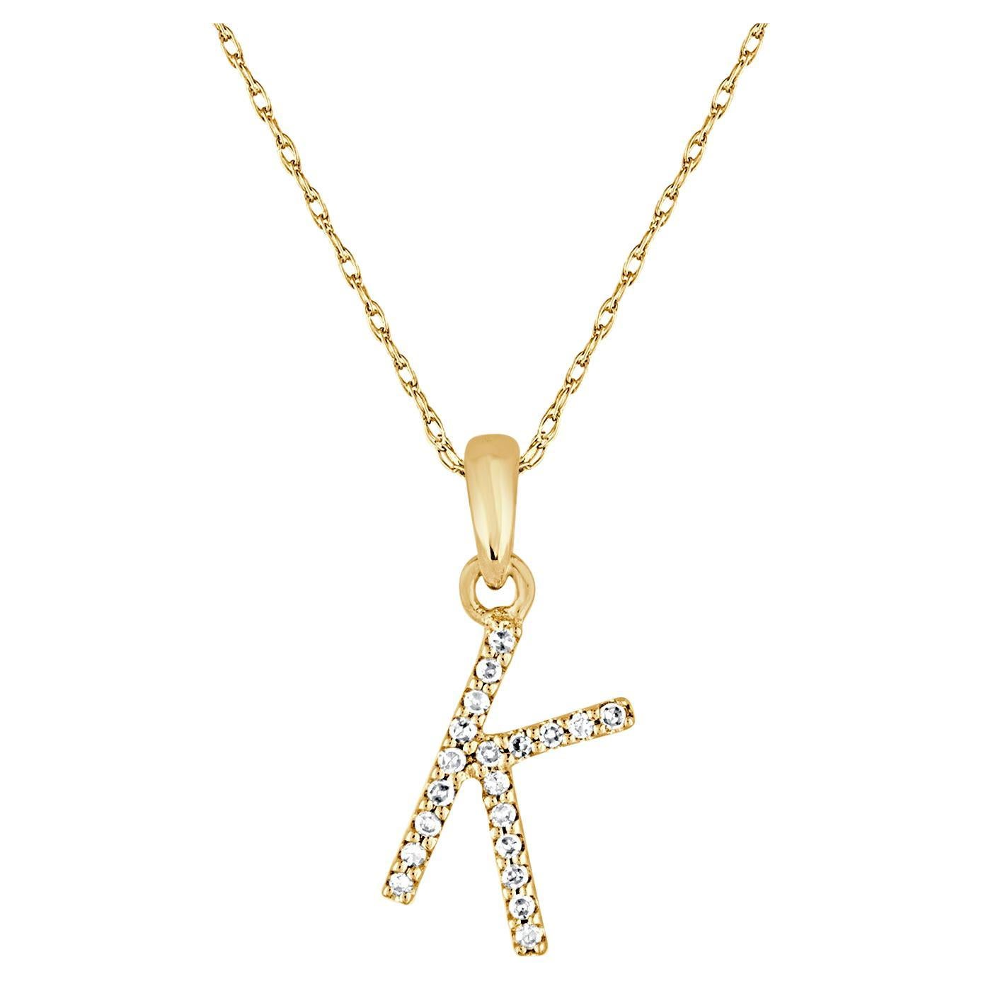 14k Yellow Gold 0.06 Carat Diamond Initial Pendant Necklace, Initial K For Sale