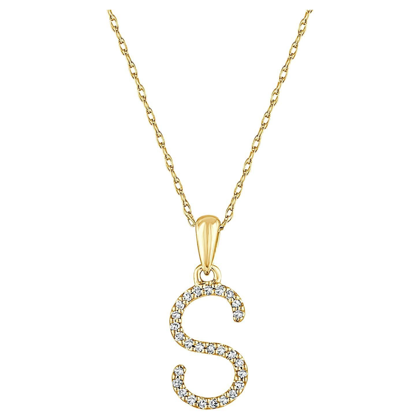 14k Yellow Gold 0.06 Carat Diamond Initial Pendant Necklace, Initial S