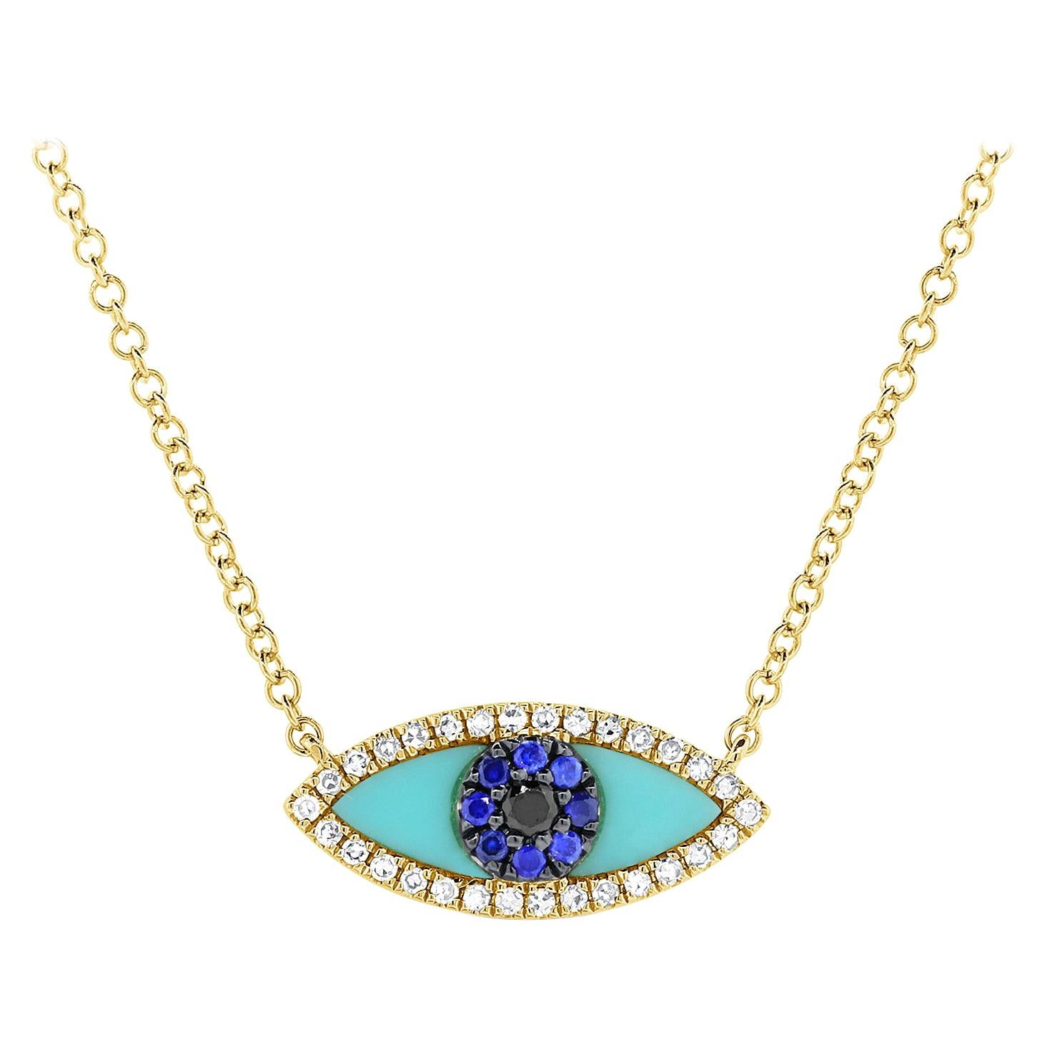 14K Yellow Gold 0.08 Carat Diamond Sapphire & Turquoise Evil Eye Necklace For Sale