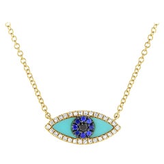 Collier Evil Eye en or jaune 14 carats avec diamants 0,08 carat, saphirs et turquoises
