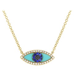 Collar de Oro Amarillo 14K 0.08 Quilates Zafiro Diamante y Turquesa Mal de Ojo