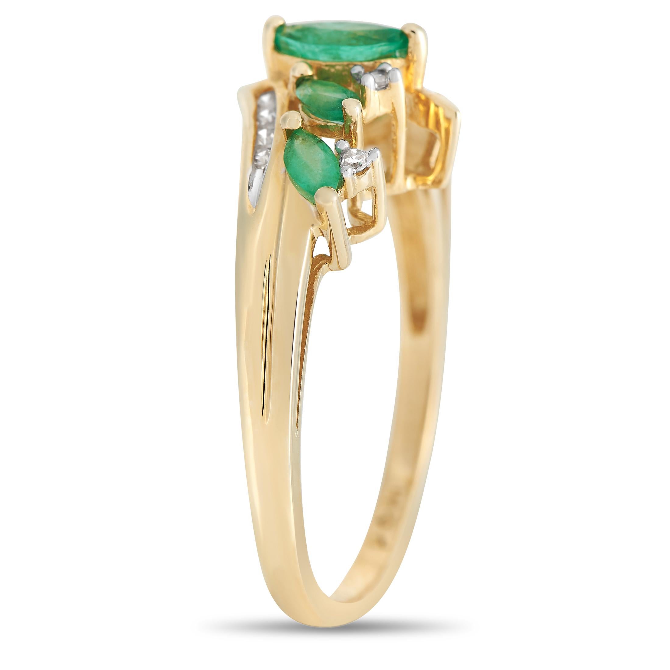 A series of Marquise cut Emerald gemstone make this luxury ring impossible to ignore. Crafted from 14K Yellow Gold, this elegant accessory also includes sparkling Diamond accents totaling 0.09 carats. This piece features a 2mm wide band and a top