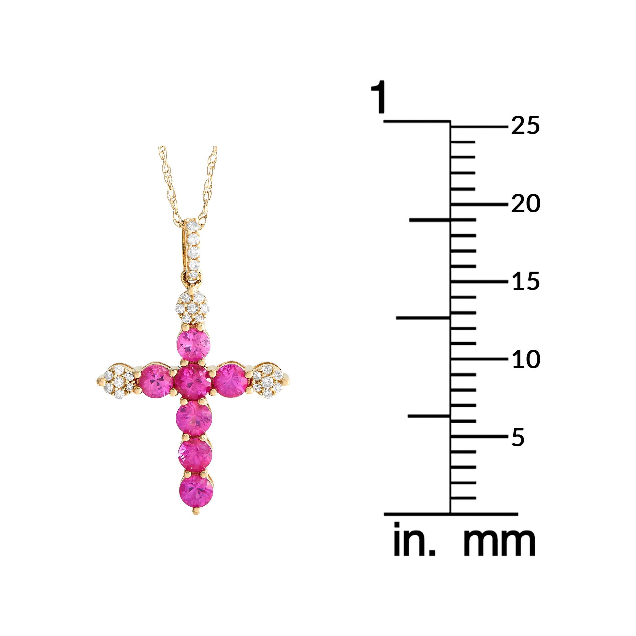 14K Yellow Gold 0.09ct Diamond and Pink Sapphire Cross Necklace PN15011 In New Condition For Sale In Southampton, PA