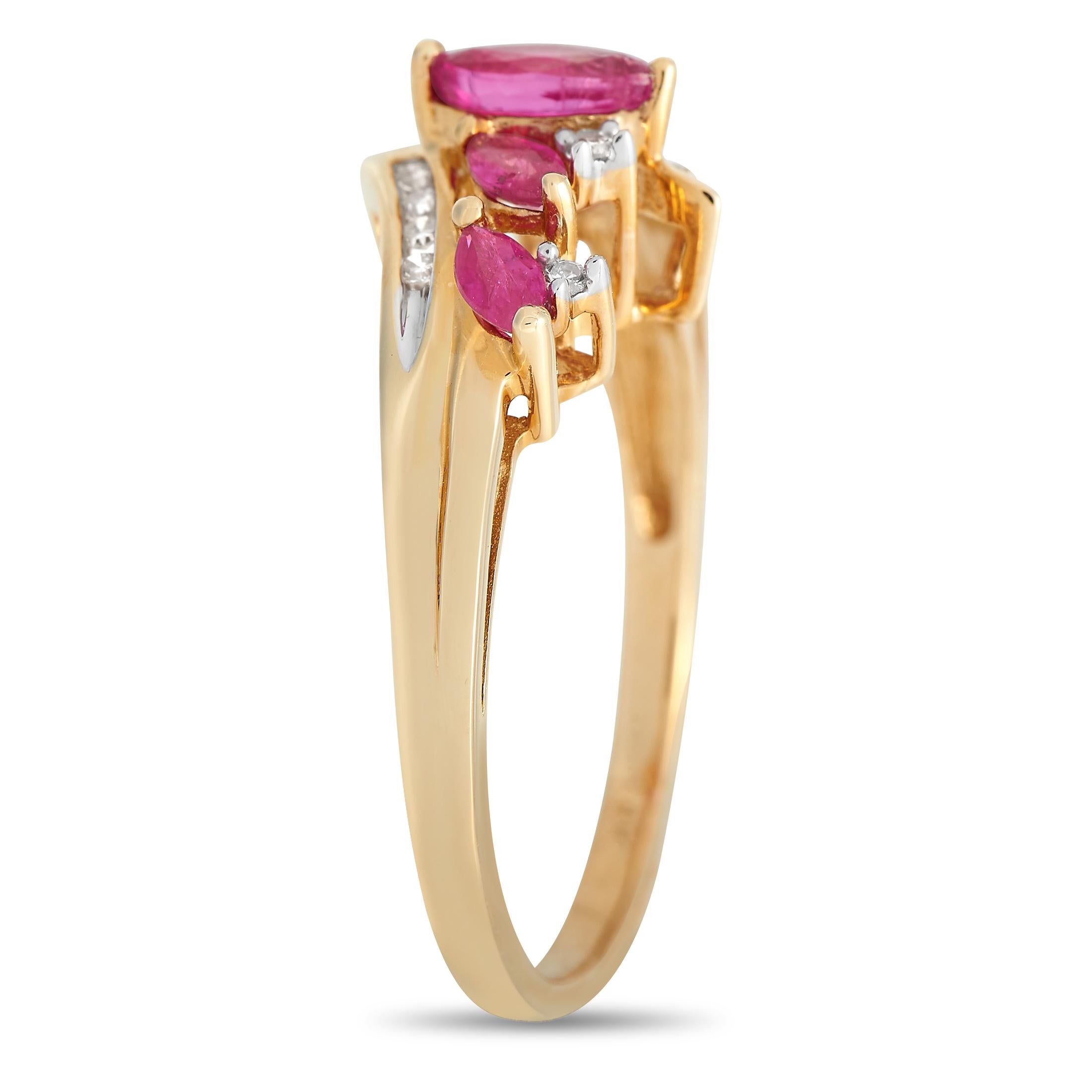 This radiant ring will continually make a statement. Crafted from 14K Yellow Gold, this pieces setting features a delicate 2mm wide band and a 6mm top height. A series of eye-catching Ruby gemstones come to life thanks to 0.09 carats of sparkling