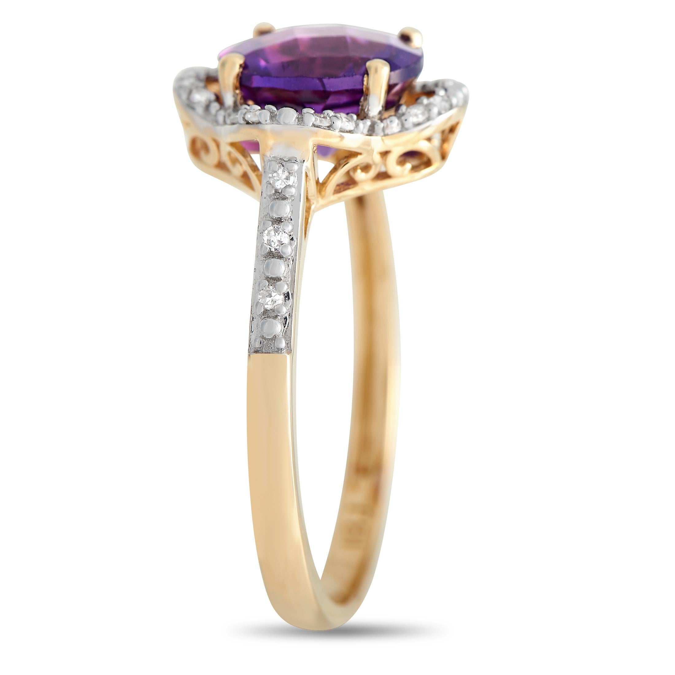 A stunning gift choice for a loved one born in February. This beautiful ring in 14K yellow gold is topped with a round amethyst, the February birthstone. The faceted purple gem is held by four prongs and surrounded by a quatrefoil-shaped frame