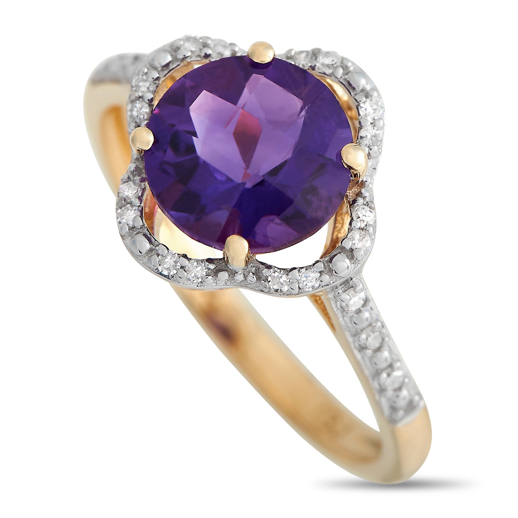 14K Yellow Gold 0.10ct Diamond and Amethyst Quatrefoil Ring In New Condition For Sale In Southampton, PA