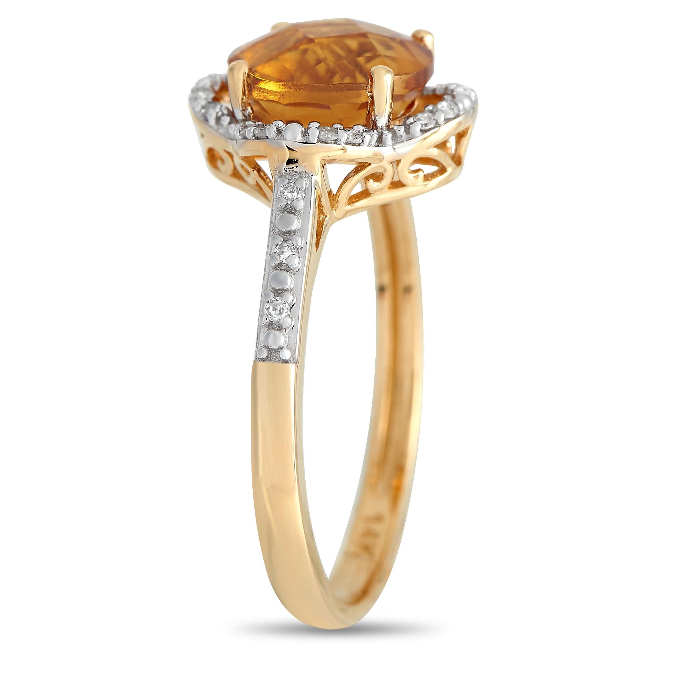 Here is an eye-catching piece of jewelry that will showcase your personality and fashion sense. This   ring is crafted in 14K yellow gold and bears a round citrine gemstone. The vivid yellow gem secured by four prongs sits at the centre of a
