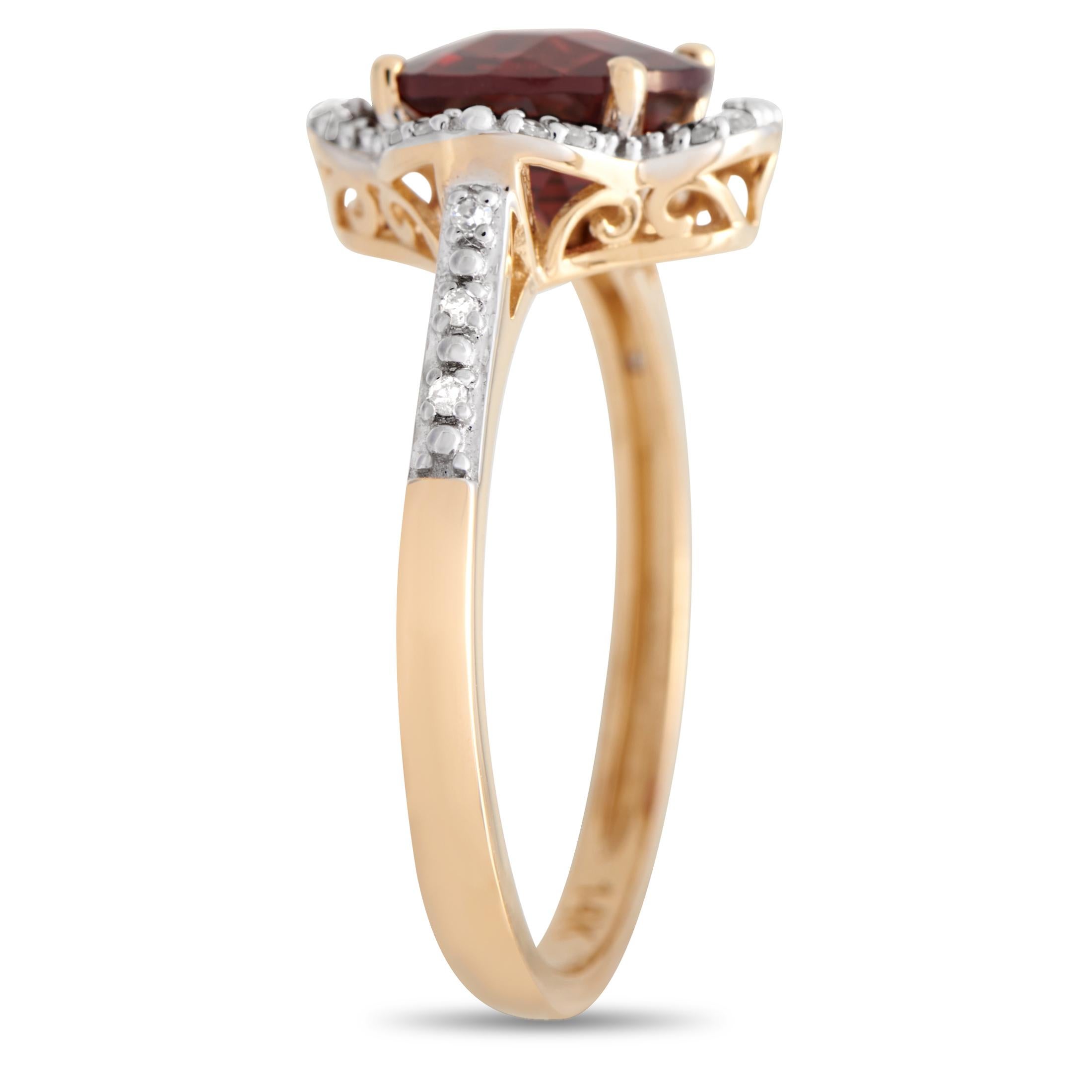 Add some color into your accessorizing style through this gemstone ring. It features a slim band in 14K yellow gold, with subtly arching shoulders lined with diamonds. A round garnet with an alluring deep red hue is mounted on a diamond-traced