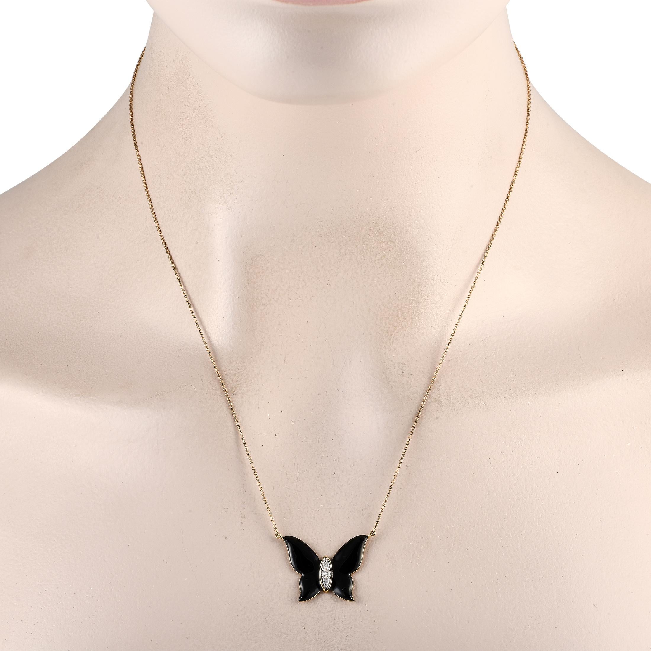 Brimming with mystery and sophistication, this onyx butterfly necklace can elegantly complete any outfit. For a striking sparkle, the butterfly pendant's center features a marquise bezel filled with a trio of round diamonds.This brand new 14K Yellow