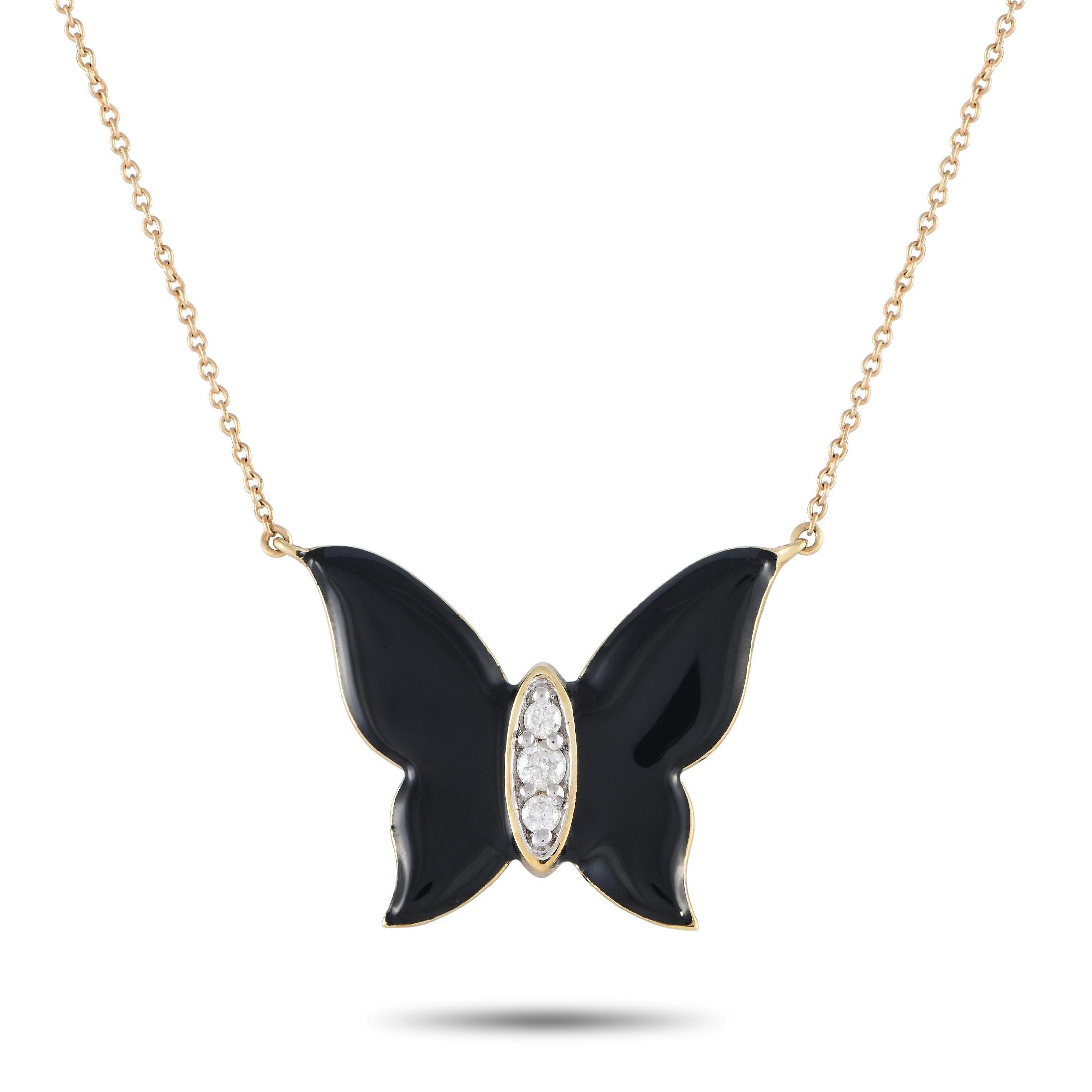 14K Yellow Gold 0.10ct Diamond and Onyx Butterfly Necklace In New Condition For Sale In Southampton, PA