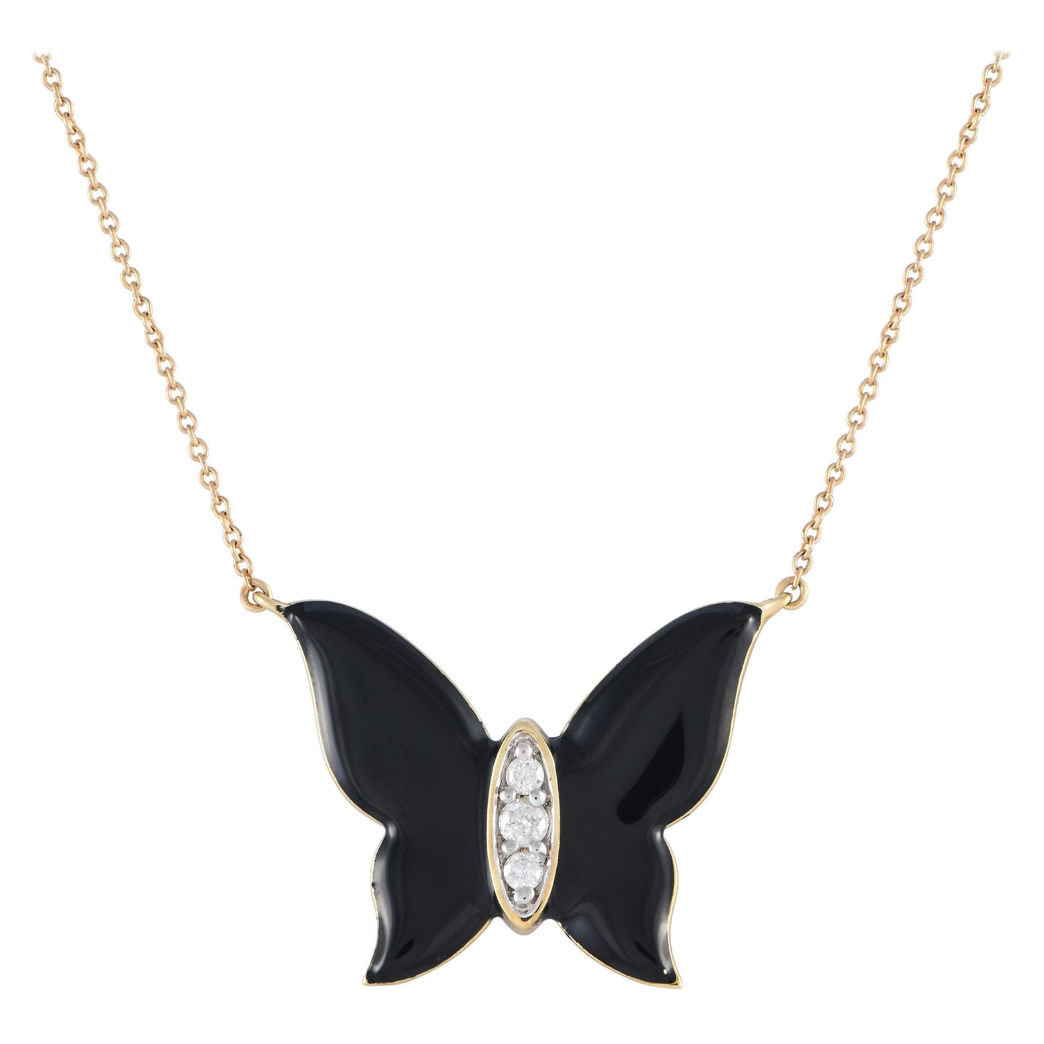 14 Karat Gelbgold 0,10 Karat Diamant und Onyx Schmetterlingshalskette