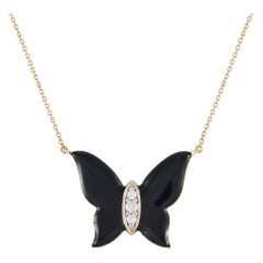 14 Karat Gelbgold 0,10 Karat Diamant und Onyx Schmetterlingshalskette