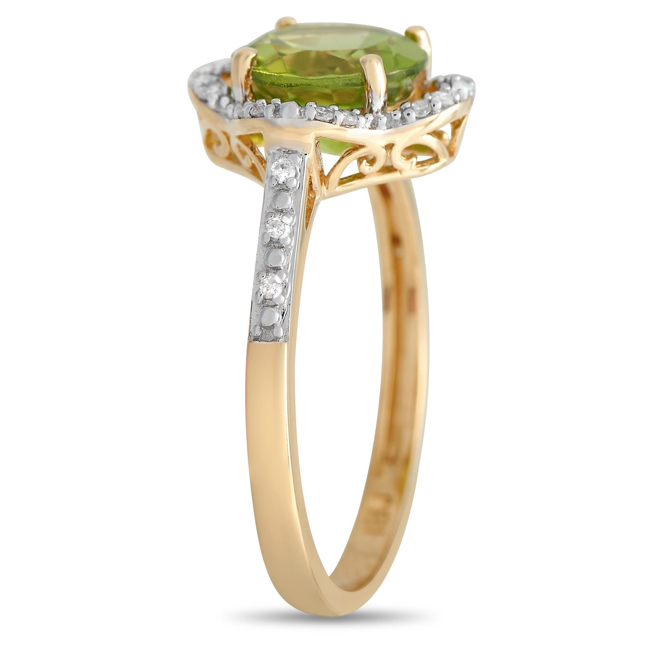 Don't underestimate the flash of color this ring adds to an ensemble. An piece, this ring shimmers with diamonds and glows with a bright lime green peridot, which is also the birthstone for the month of August. Wear this to polish a look on your