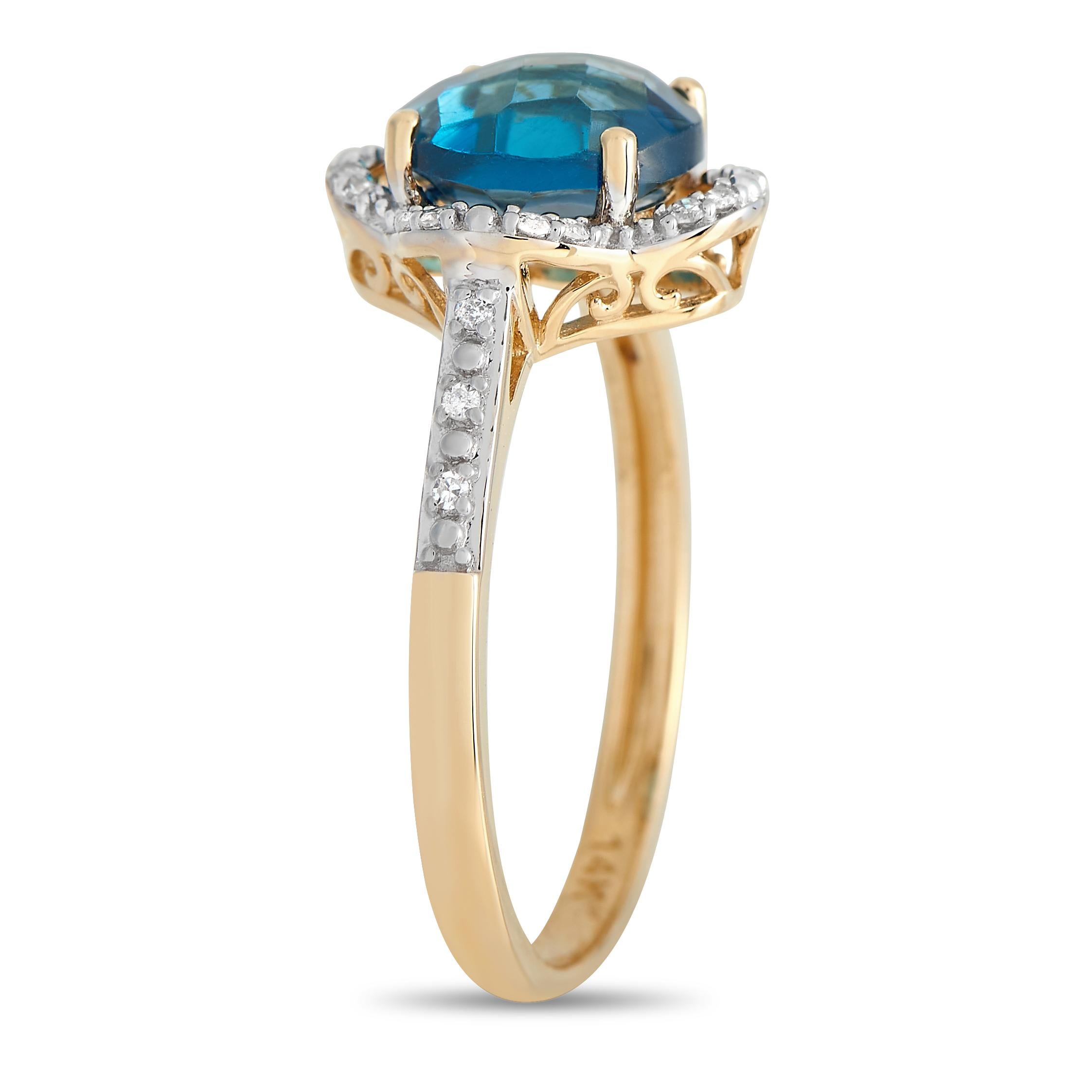 Wear this ring to add an instant positivity and color boost to your look. The ring has a slender band in 14K yellow gold, with rising shoulders decorated with diamonds. The centerpiece is a round topaz secured by four prongs and mounted on a