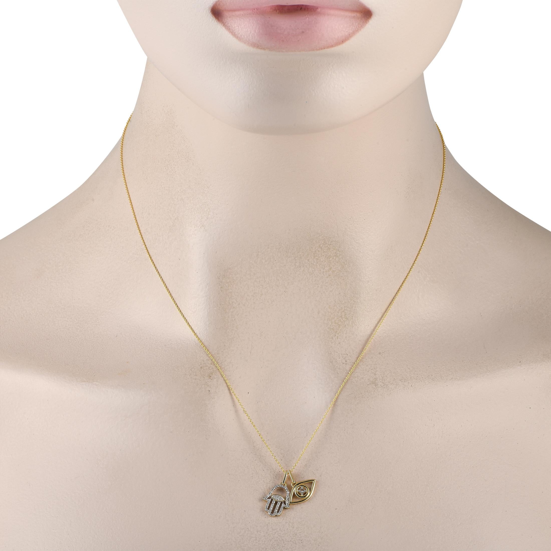 On this exquisitely crafted necklace, a pair of spiritual symbols are suspended at the end of a delicate 18 chain. The Hamsa symbol has long been used as an amulet of good fortune, while the Evil Eye symbol is said to ward off negative energy.
