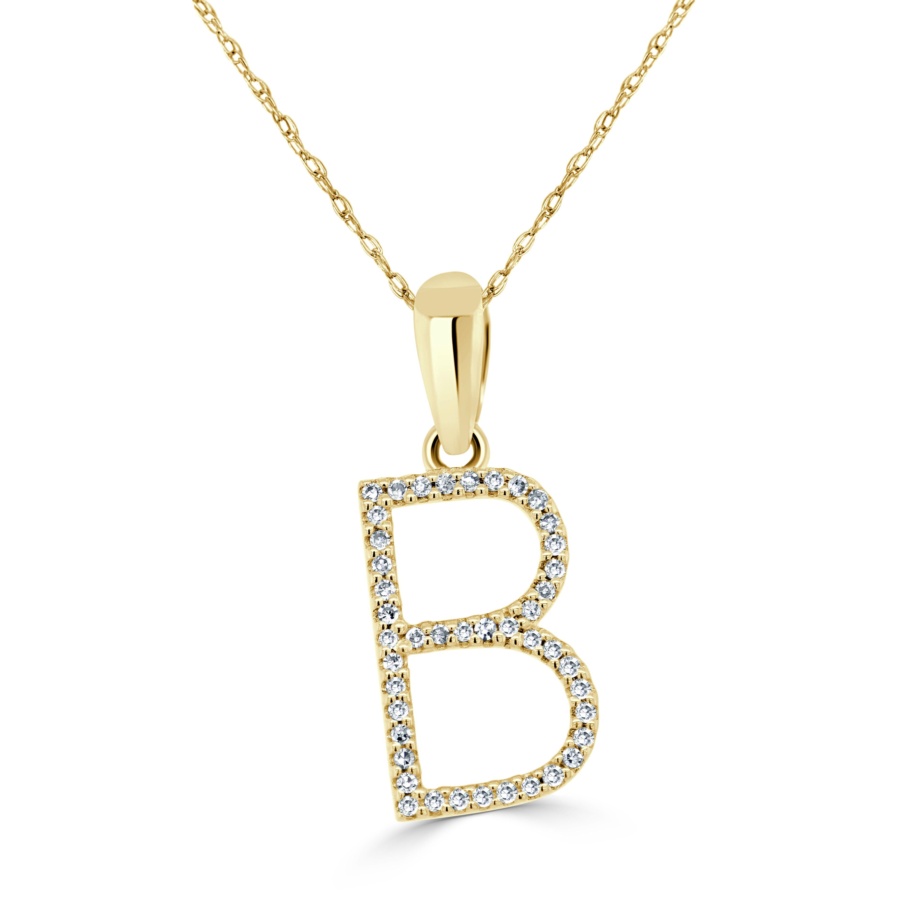 Baguette Cut 14K Yellow Gold 0.10ct Diamond Initial B Pendant for Her For Sale