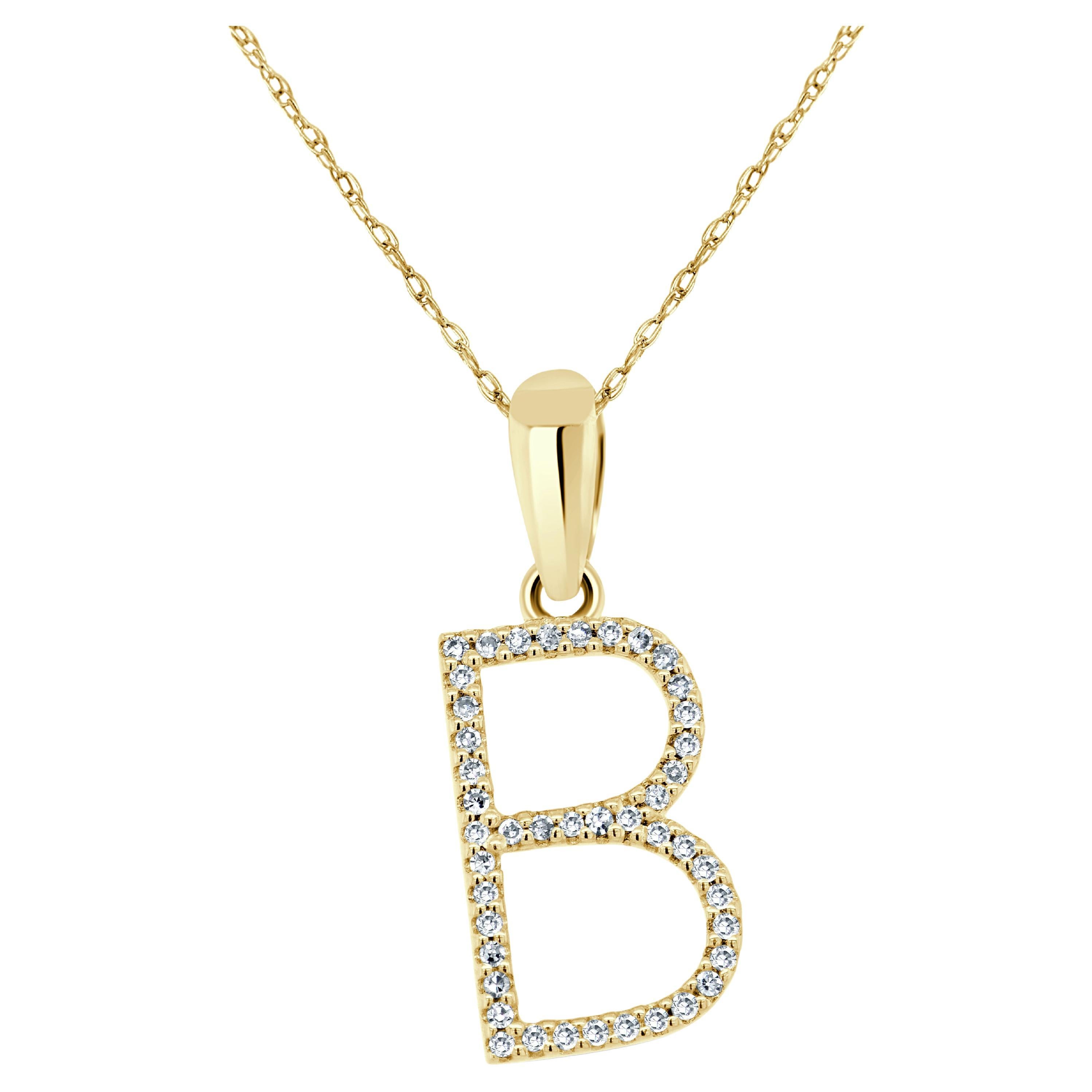 14K Yellow Gold 0.10ct Diamond Initial B Pendant for Her For Sale
