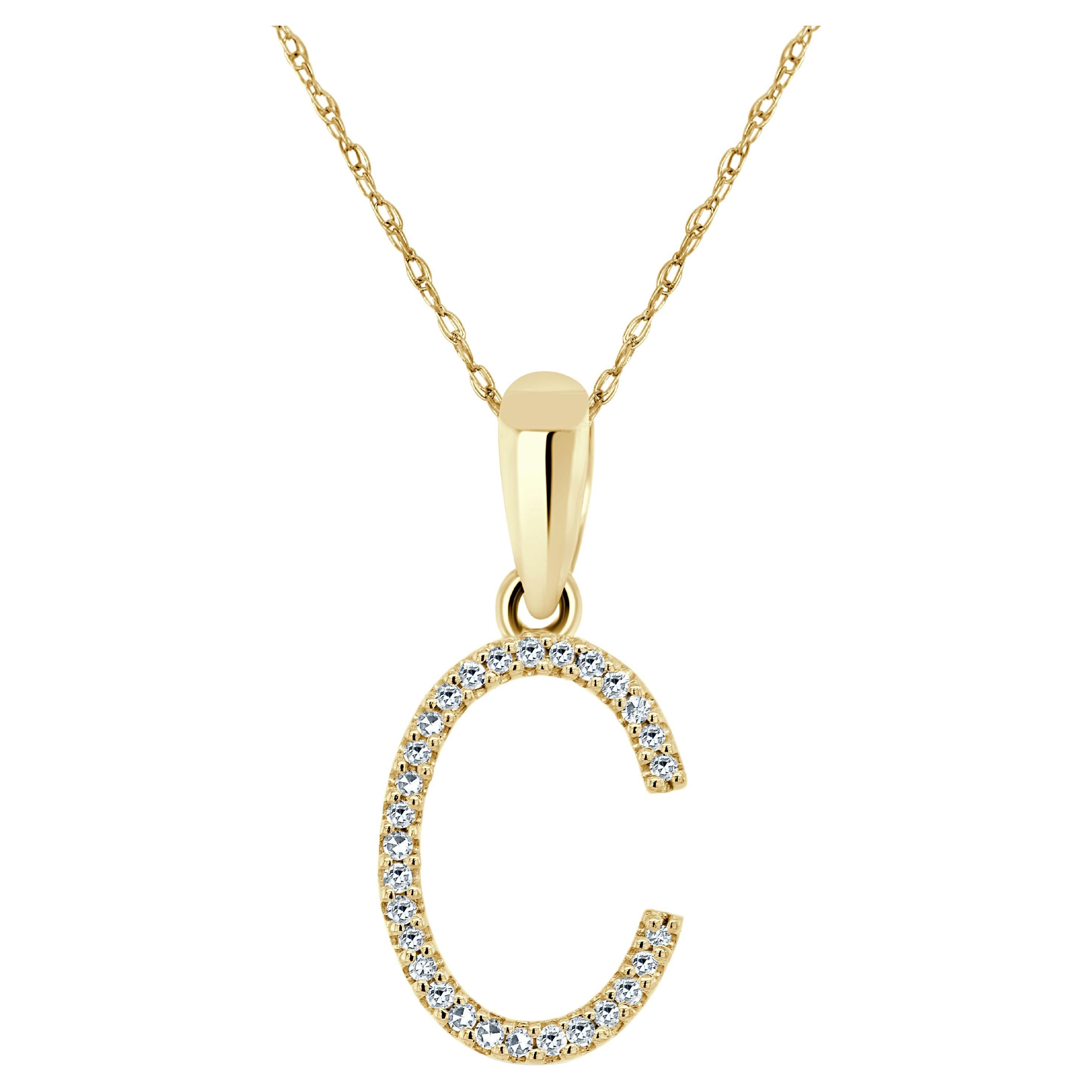 14K Yellow Gold 0.10ct Diamond Initial C Pendant for Her For Sale