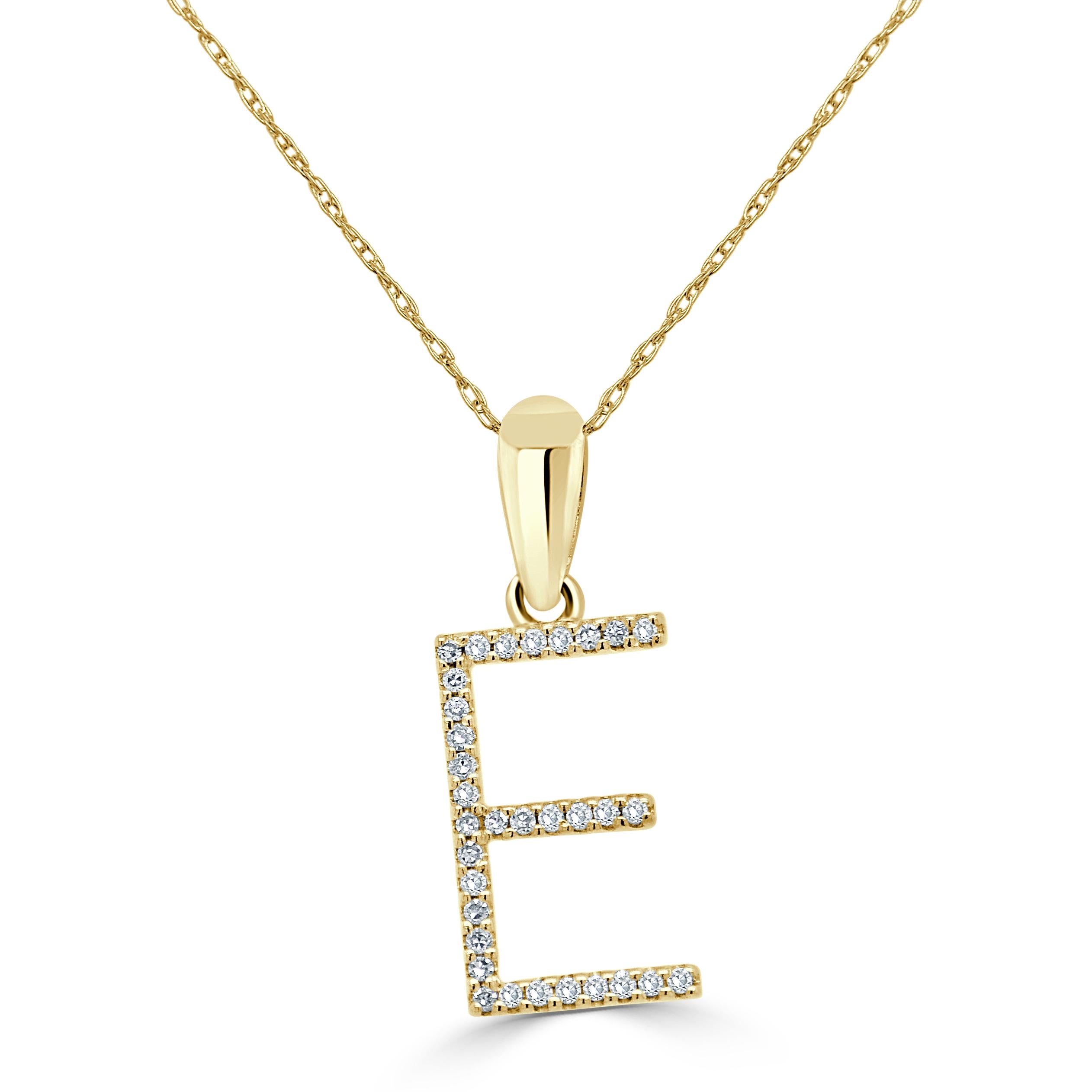 Baguette Cut 14K Yellow Gold 0.10ct Diamond Initial E Pendant for Her For Sale