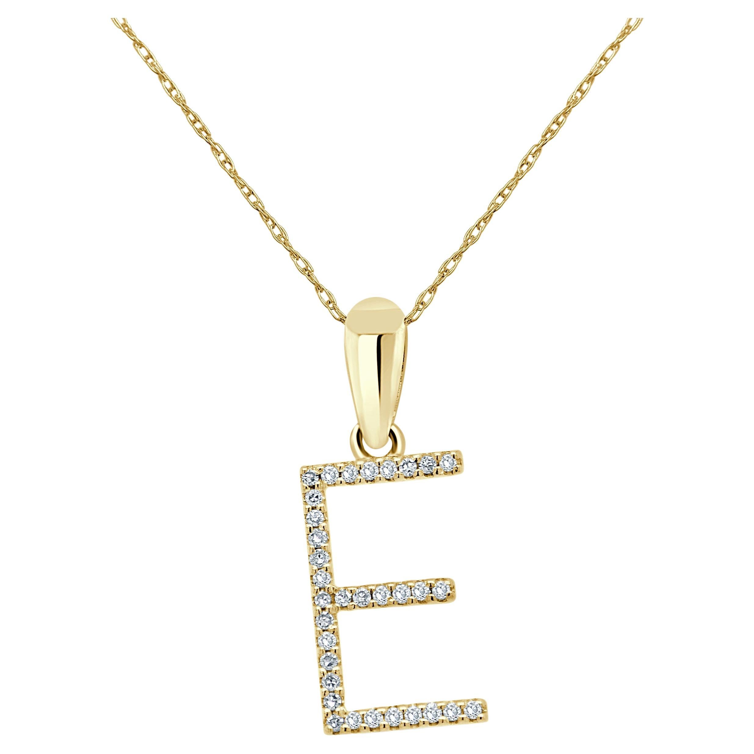 14K Yellow Gold 0.10ct Diamond Initial E Pendant for Her For Sale