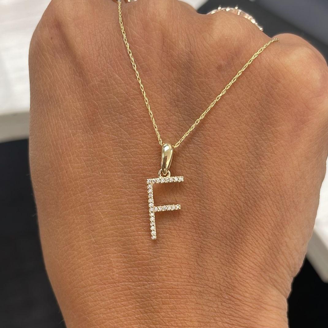Baguette Cut 14K Yellow Gold 0.10ct Diamond Initial F Pendant for Her For Sale