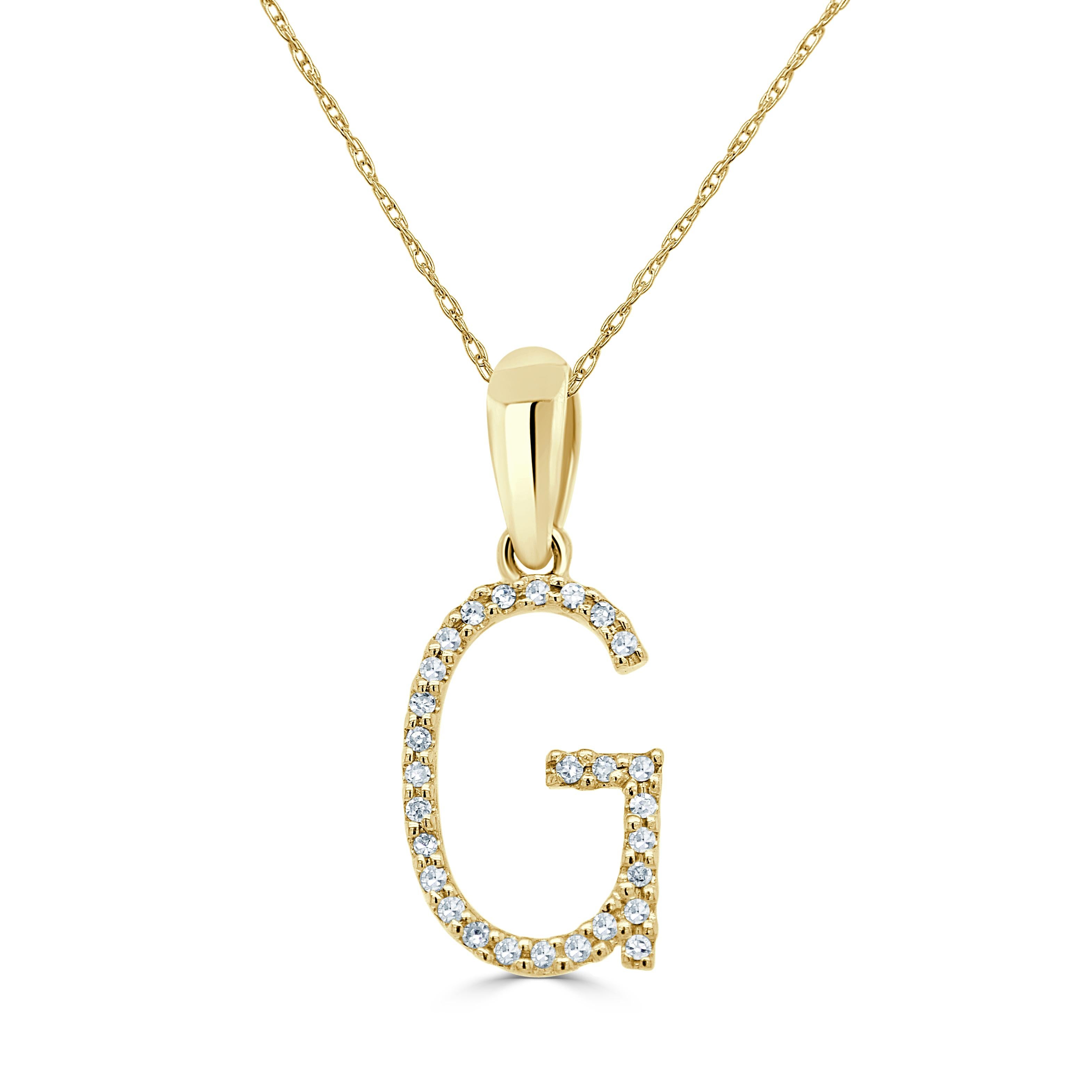 Baguette Cut 14K Yellow Gold 0.10ct Diamond Initial G Pendant for Her For Sale