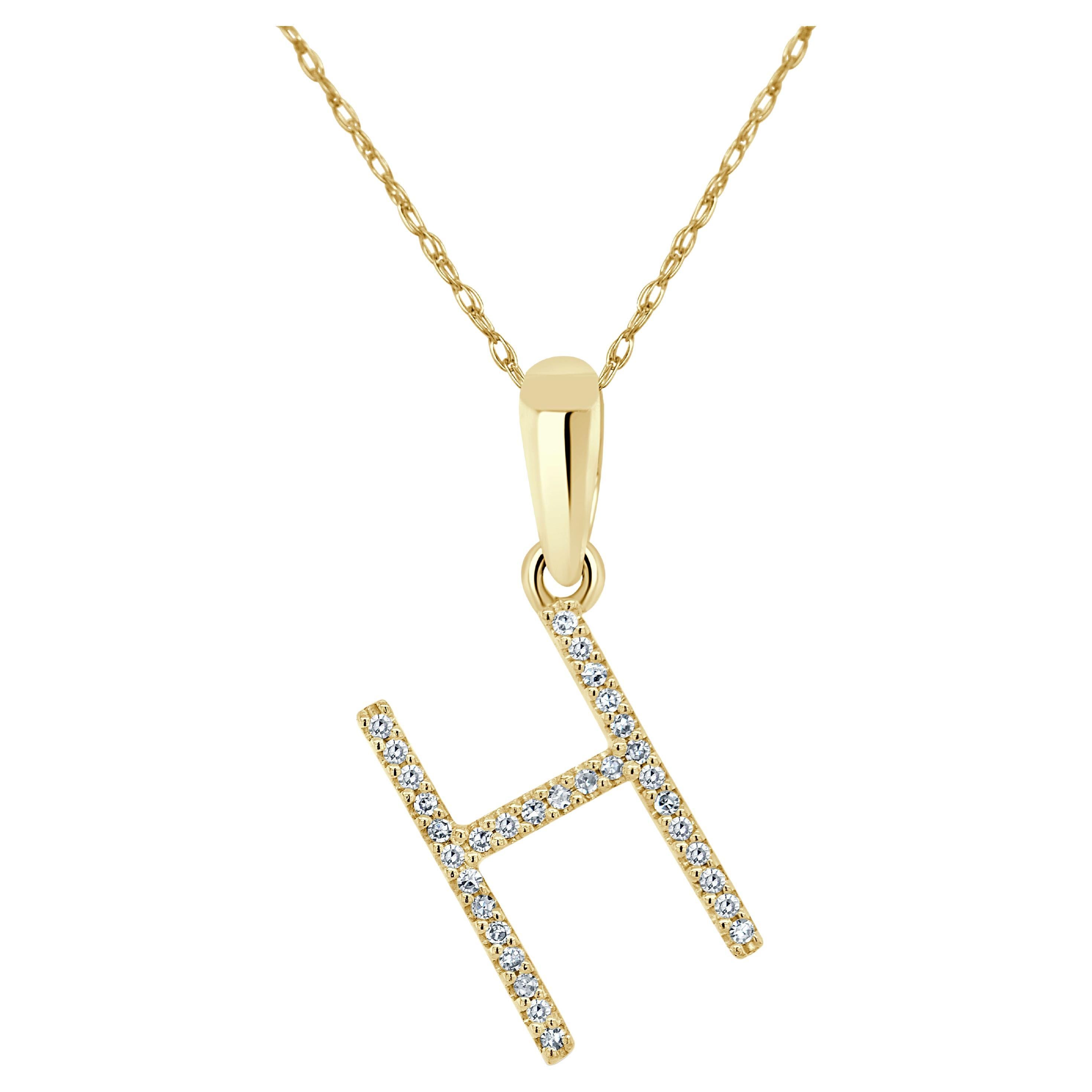 14K Yellow Gold 0.10ct Diamond Initial H Pendant for Her For Sale