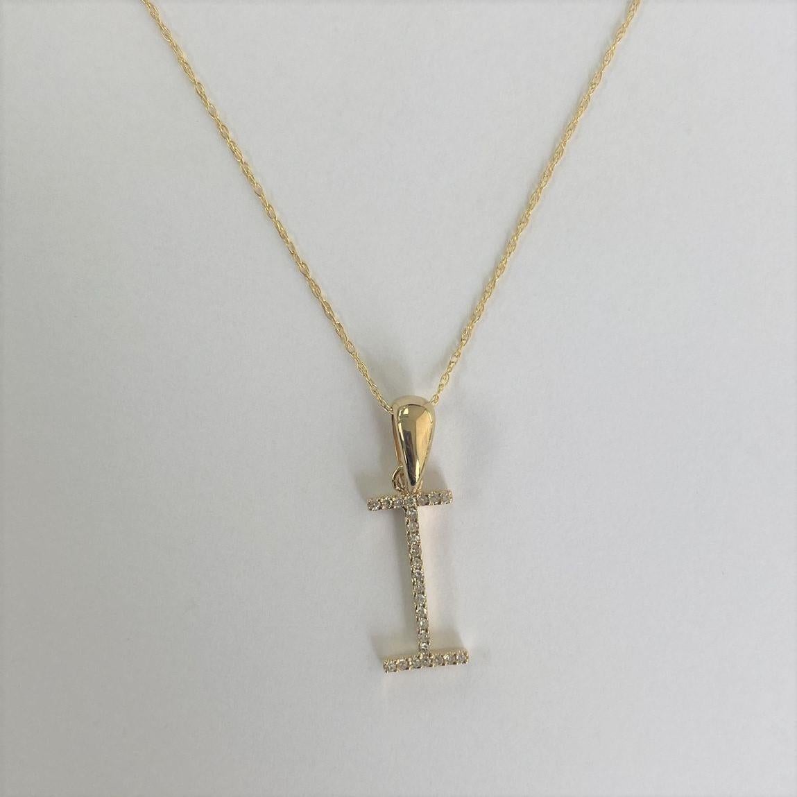 Contemporary 14K Yellow Gold 0.10ct Diamond Initial i Pendant for Her For Sale