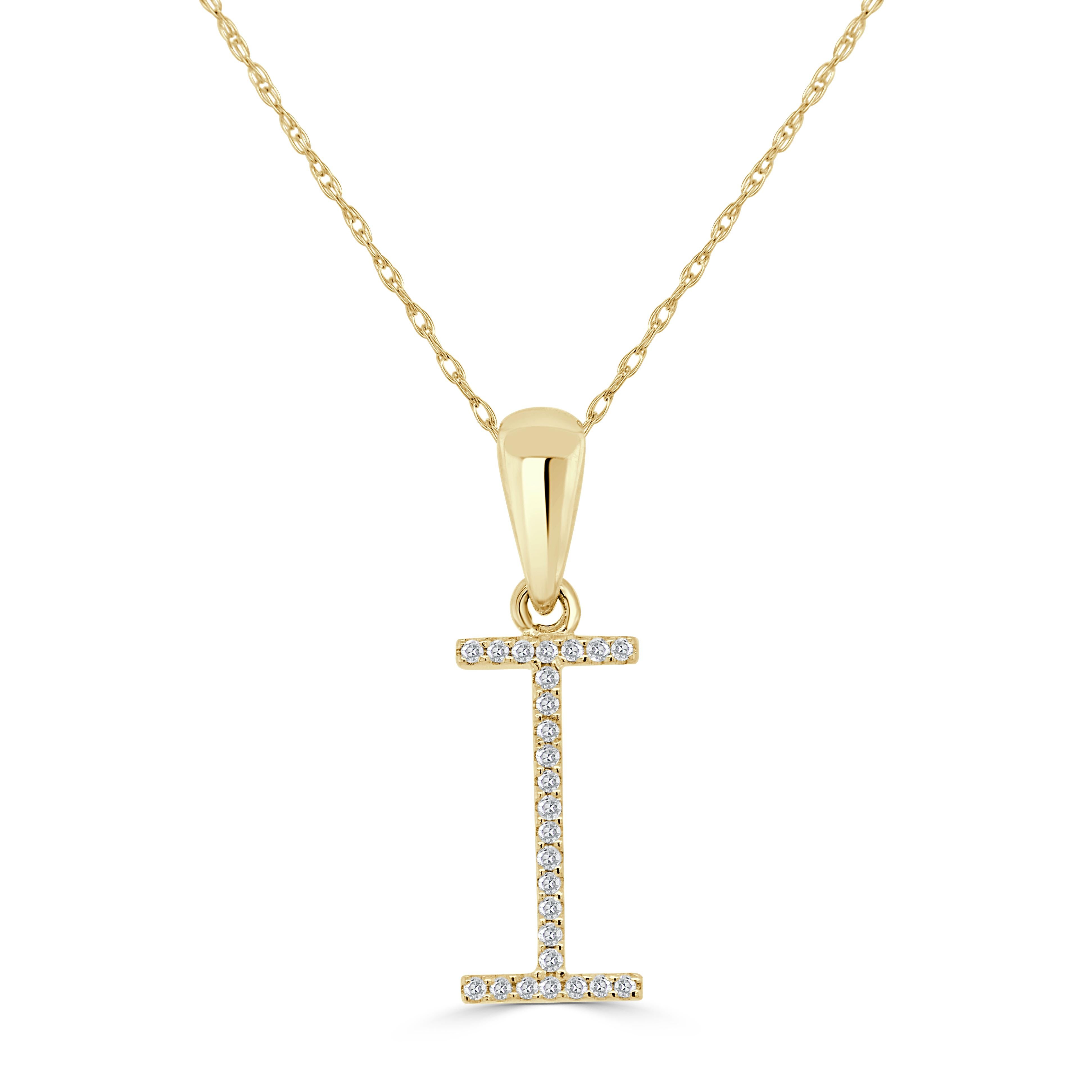 Baguette Cut 14K Yellow Gold 0.10ct Diamond Initial i Pendant for Her For Sale