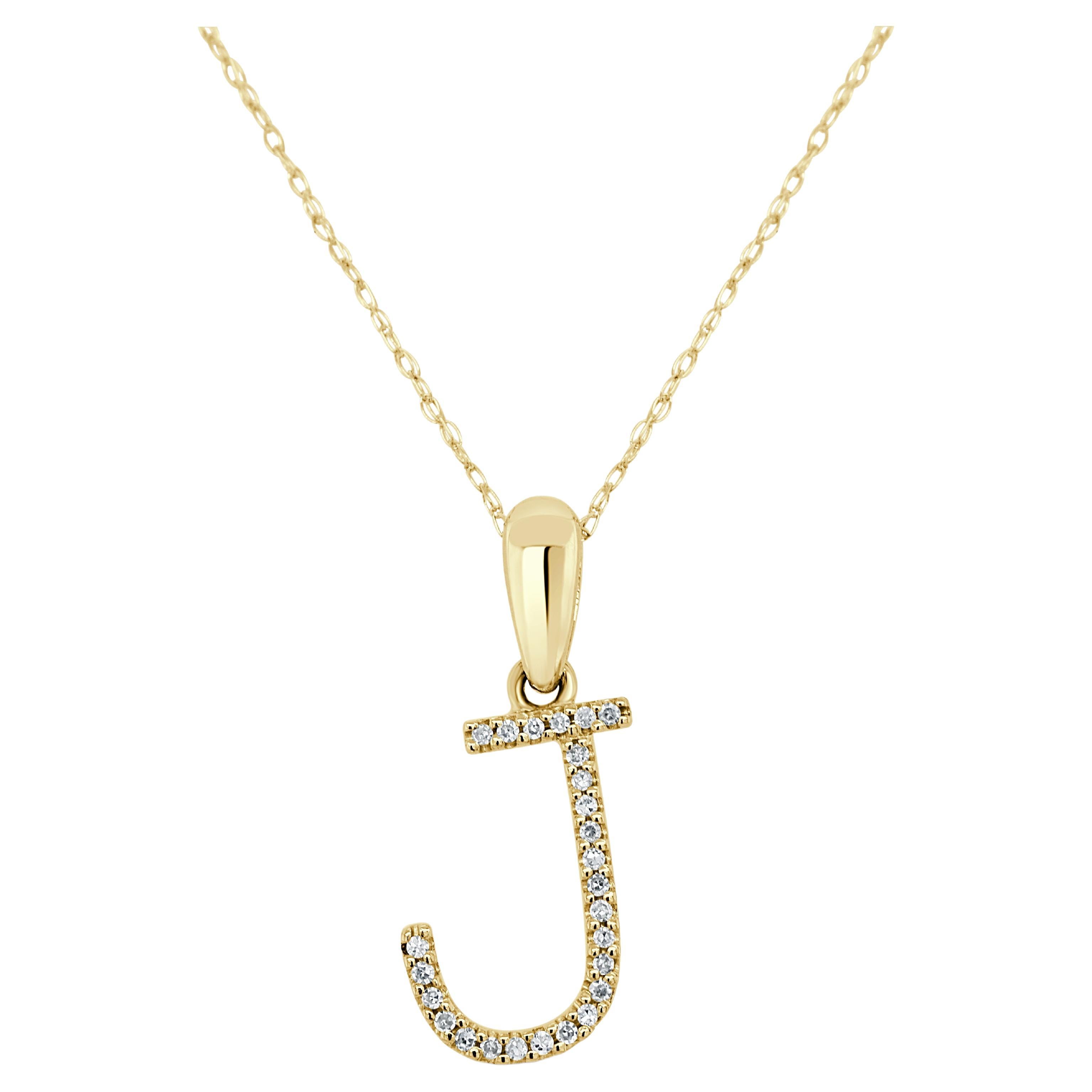 14K Yellow Gold 0.10ct Diamond Initial J Pendant for Her For Sale