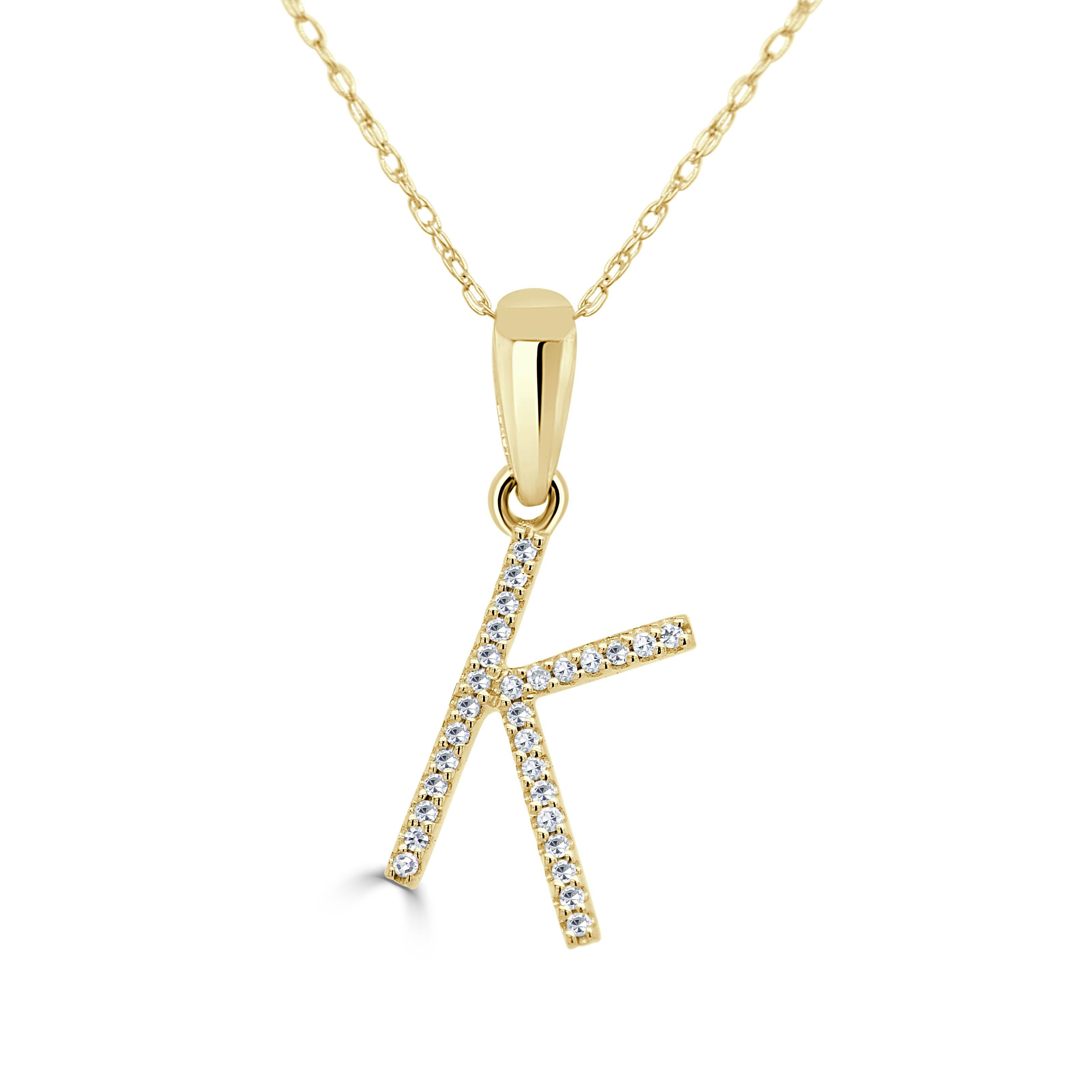 Baguette Cut 14K Yellow Gold 0.10ct Diamond Initial K Pendant for Her For Sale