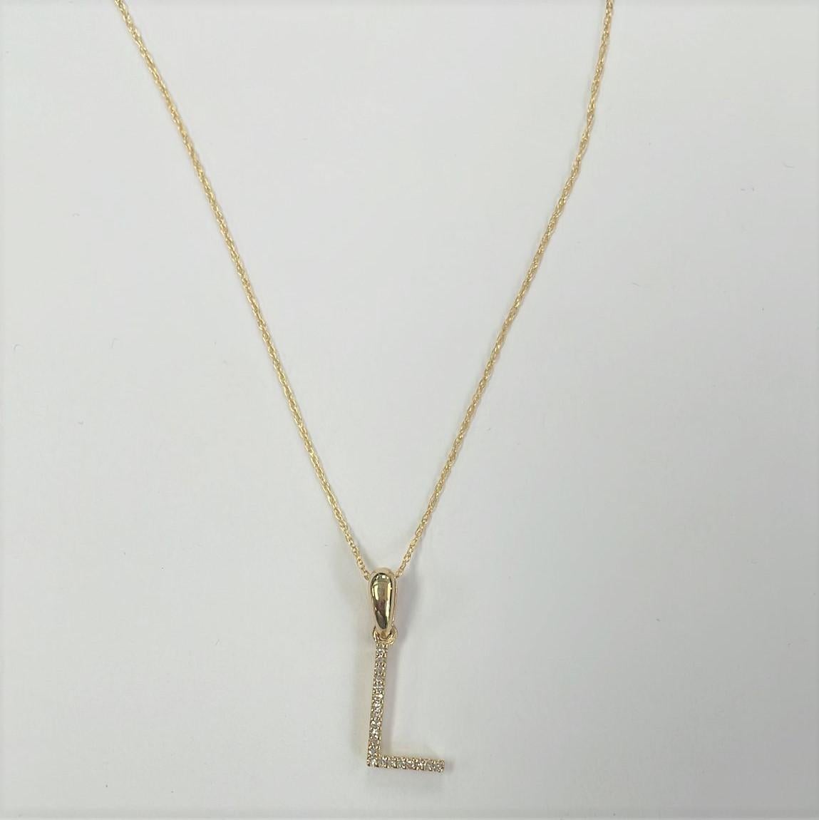 Contemporary 14K Yellow Gold 0.10ct Diamond Initial L Pendant for Her For Sale