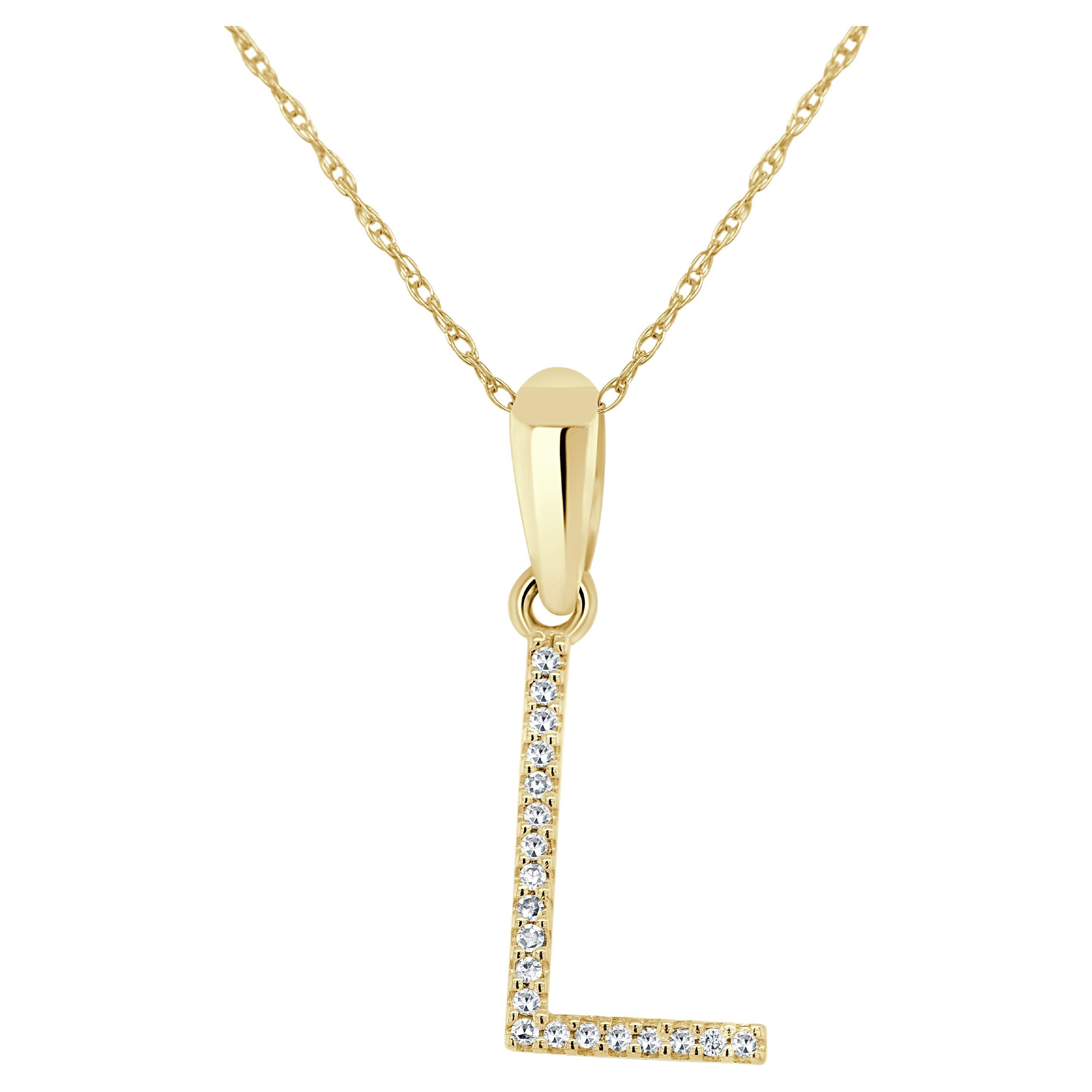 14K Yellow Gold 0.10ct Diamond Initial L Pendant for Her For Sale