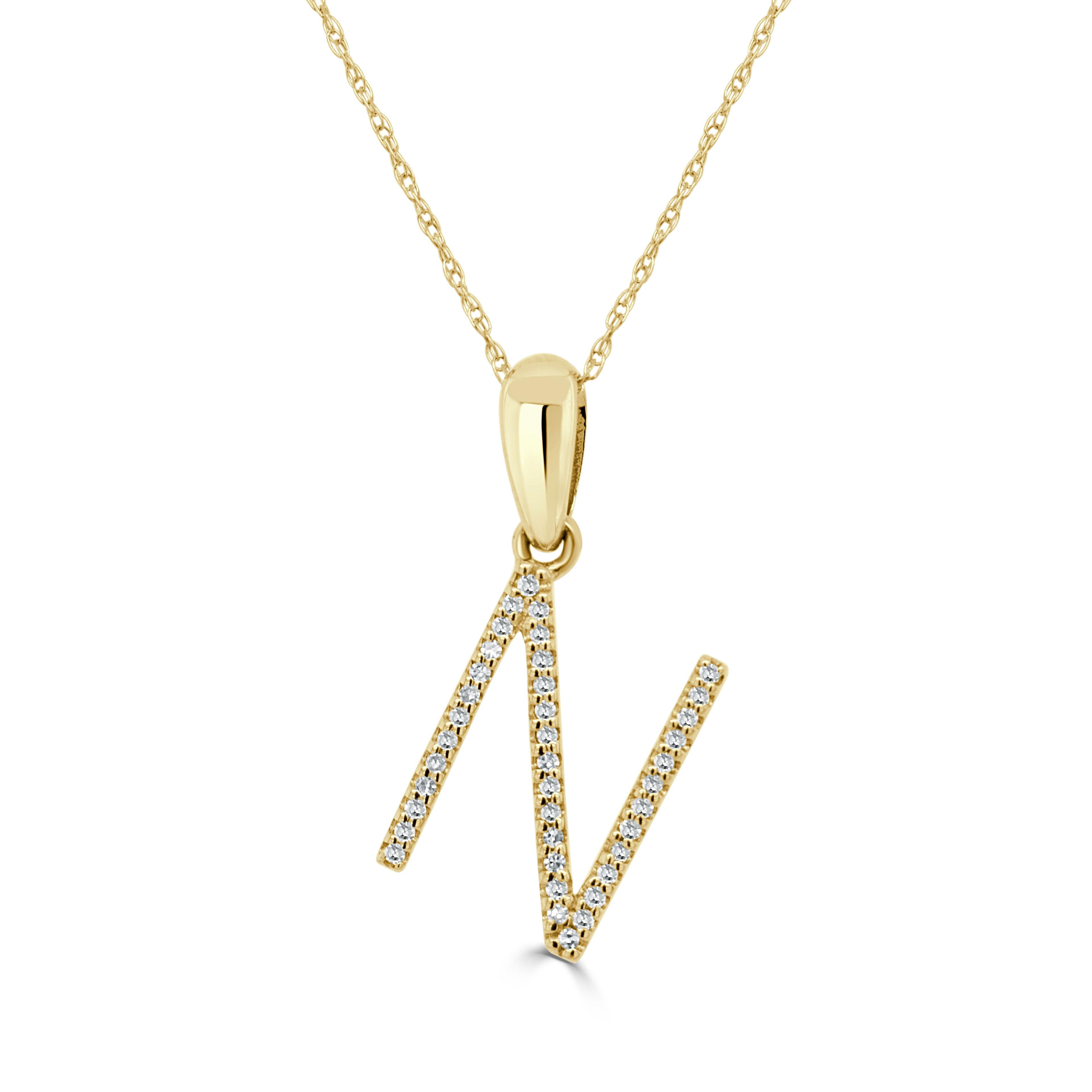 Contemporary 14K Yellow Gold 0.10ct Diamond Initial N Pendant for Her For Sale