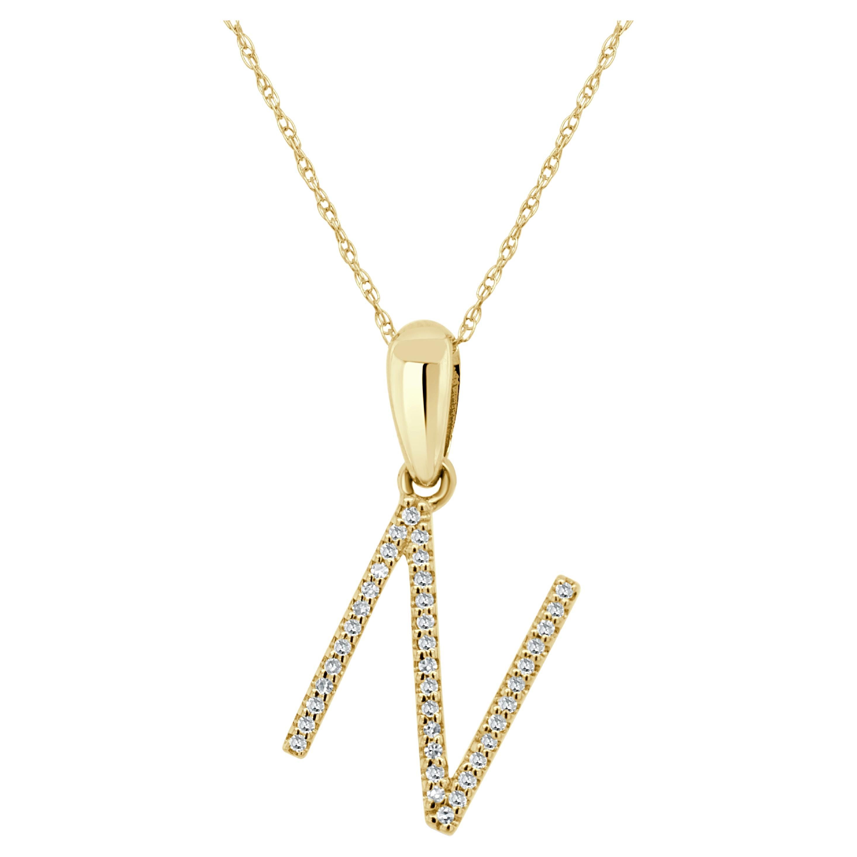 14K Yellow Gold 0.10ct Diamond Initial N Pendant for Her For Sale