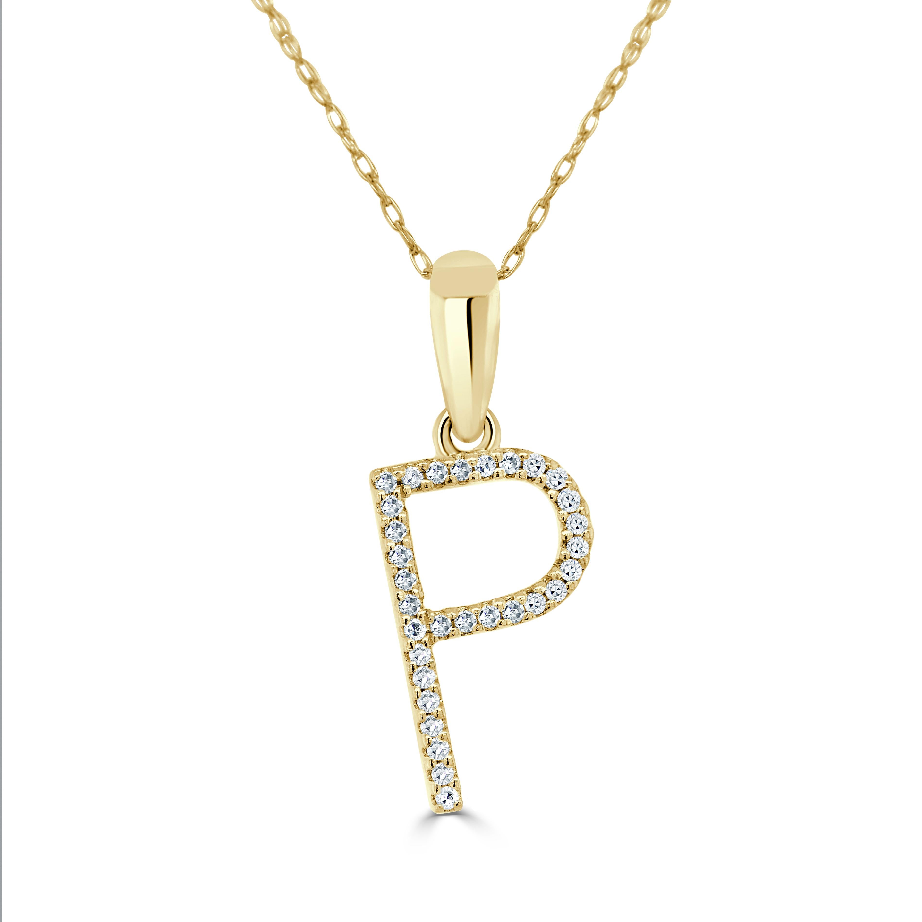 Baguette Cut 14K Yellow Gold 0.10ct Diamond Initial P Pendant for Her For Sale