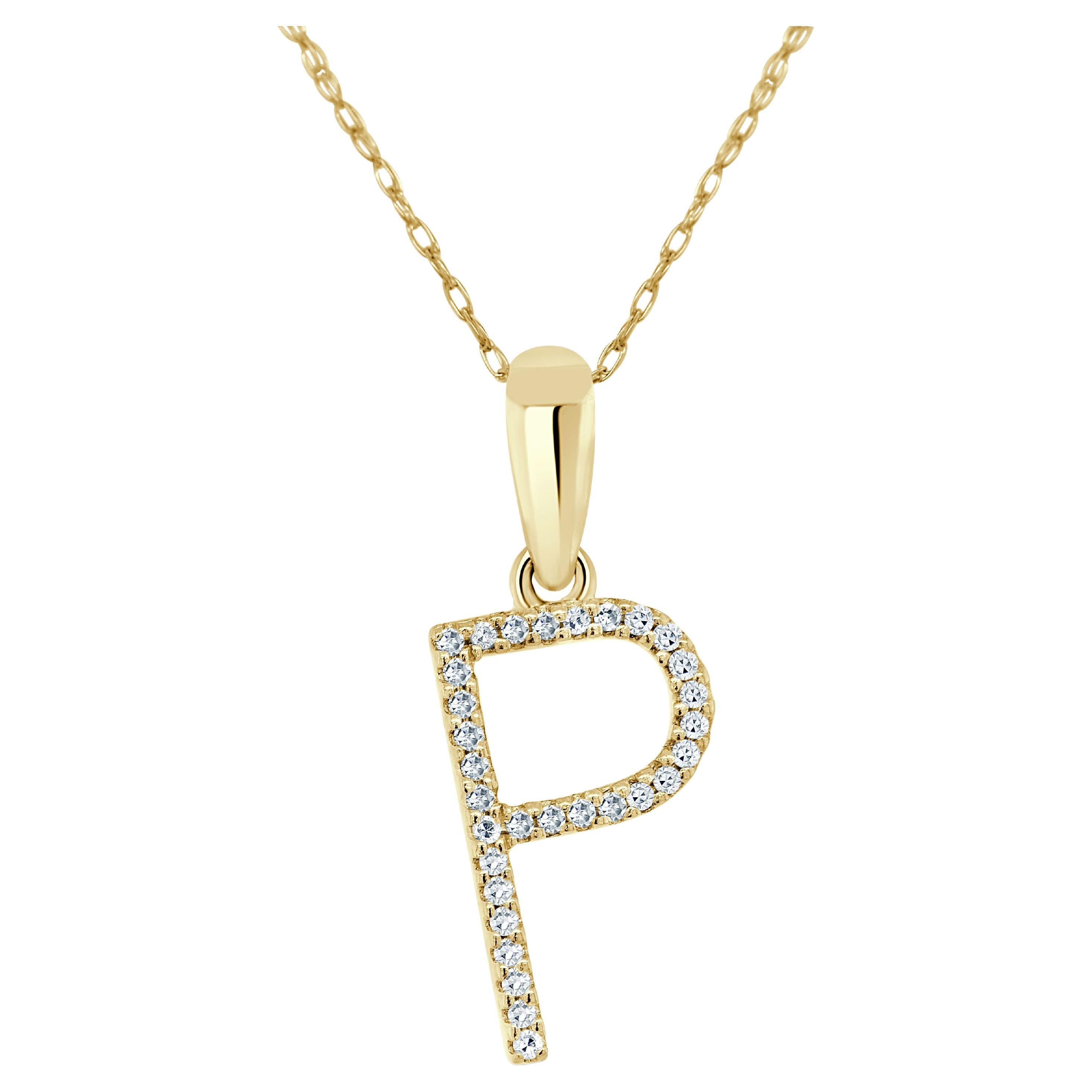 14K Yellow Gold 0.10ct Diamond Initial P Pendant for Her For Sale
