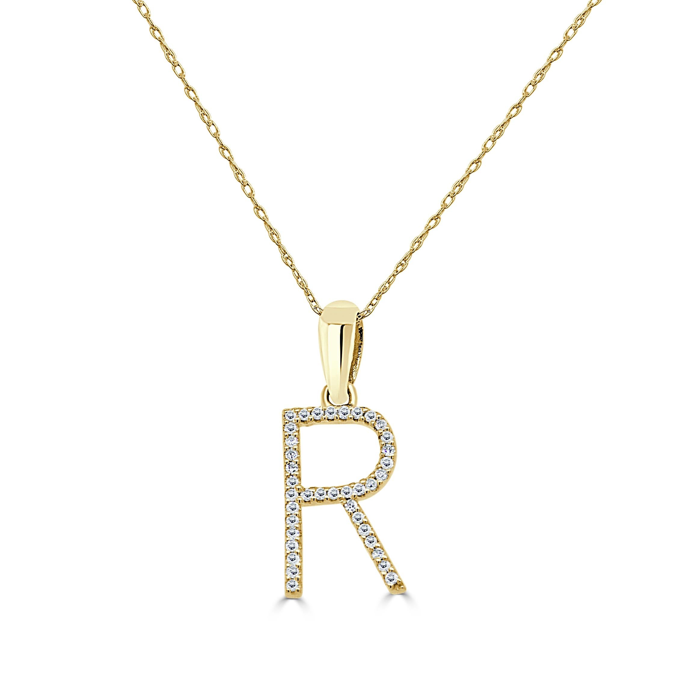 Taille baguette Pendentif en or jaune 14 carats avec diamants de 0,10 carat de type R initial pour elle en vente