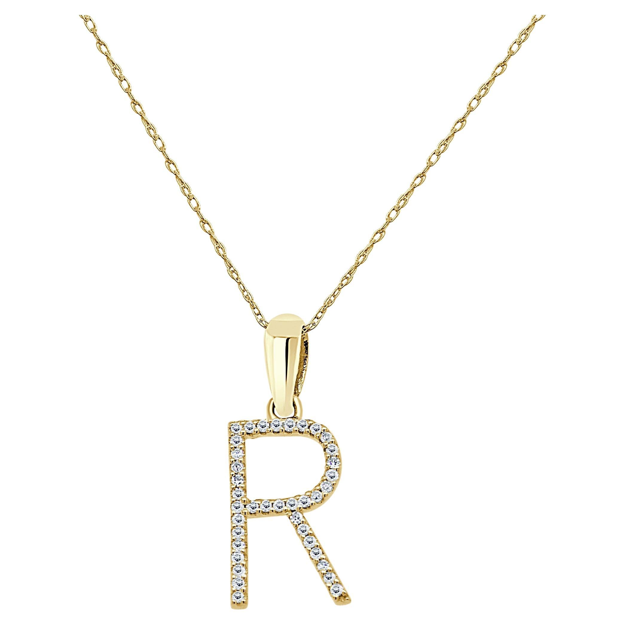 14K Yellow Gold 0.10ct Diamond Initial R Pendant for Her For Sale