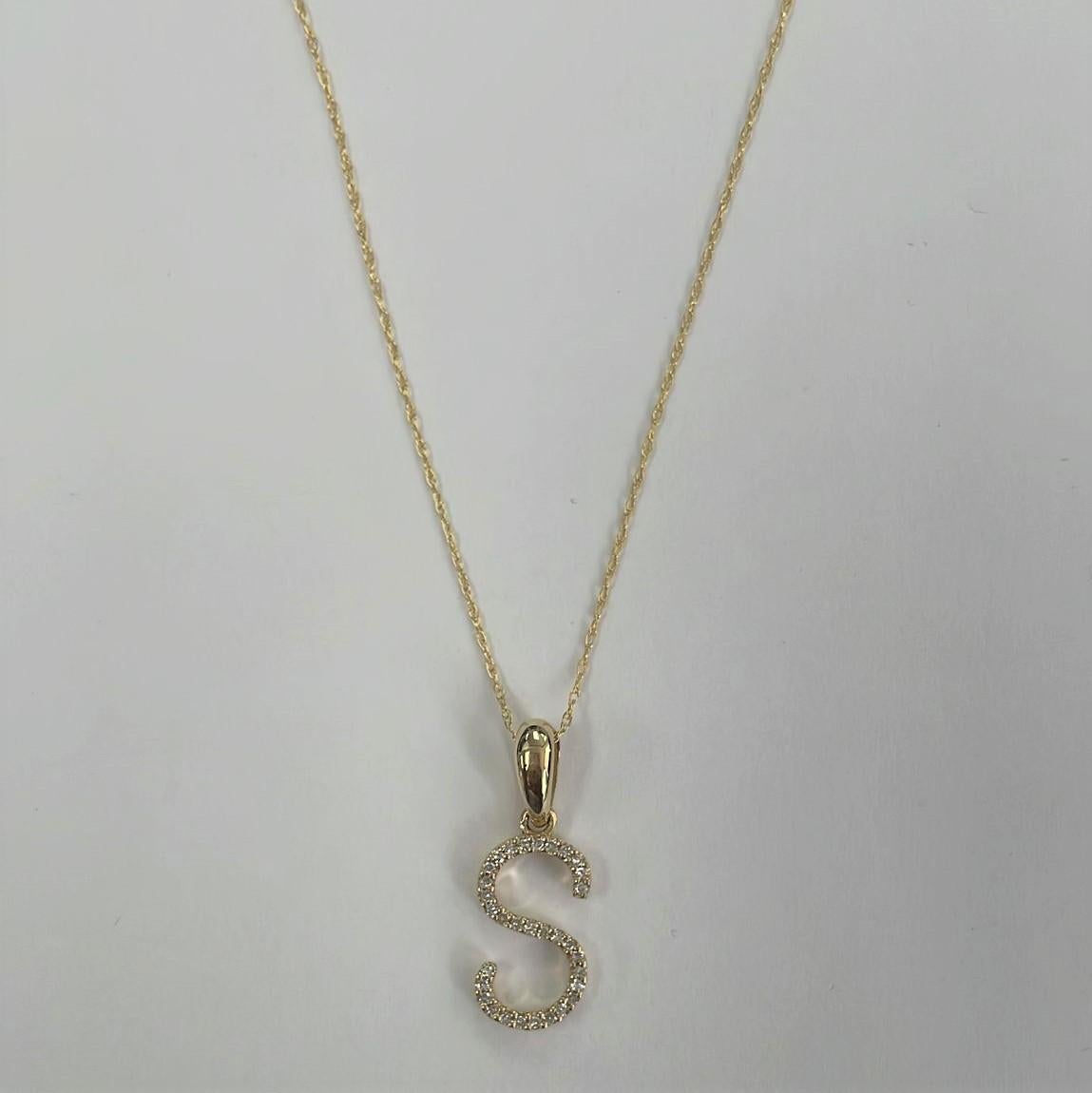 Contemporary 14K Yellow Gold 0.10ct Diamond Initial S Pendant for Her For Sale